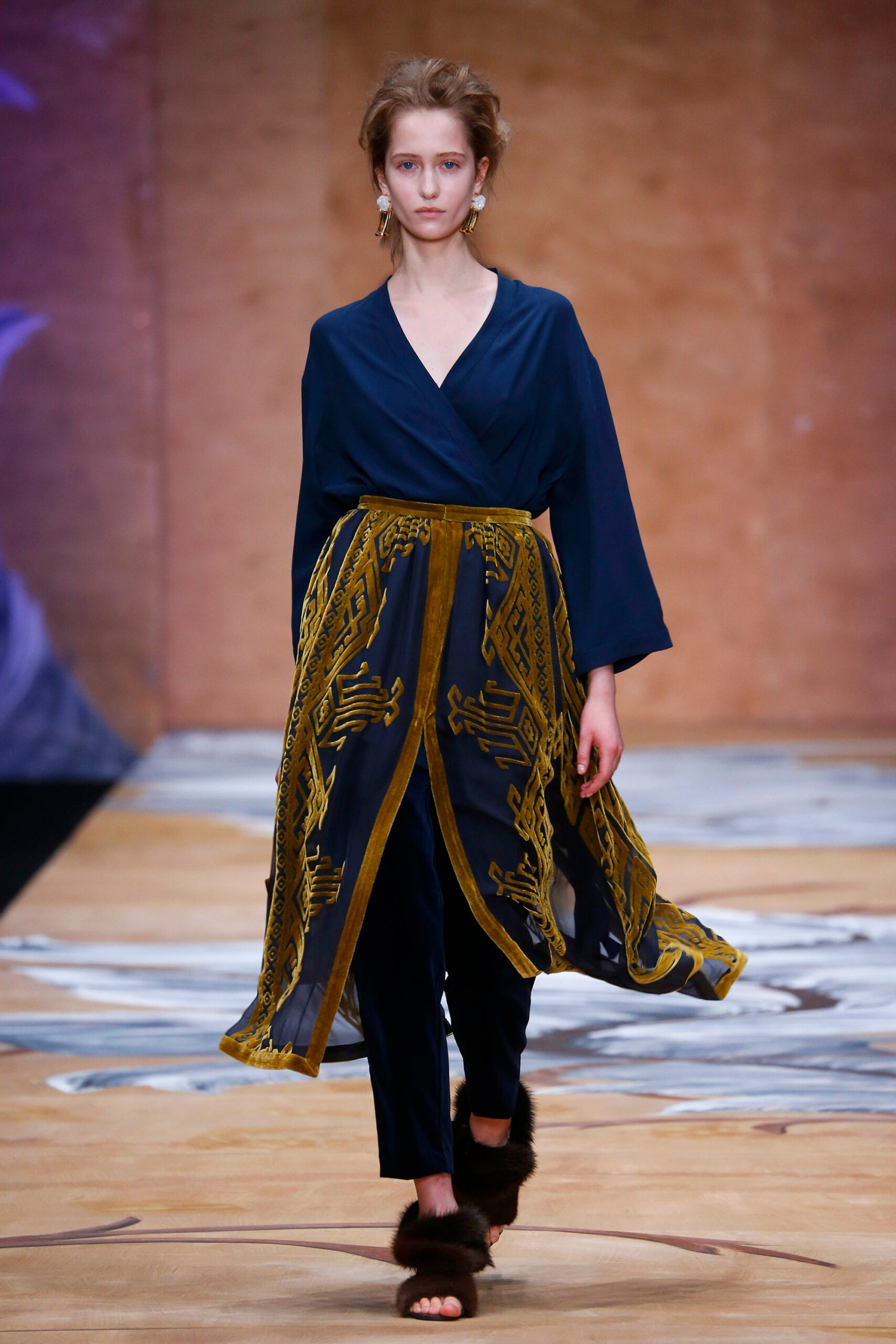 blue silk embroidered wrap dress