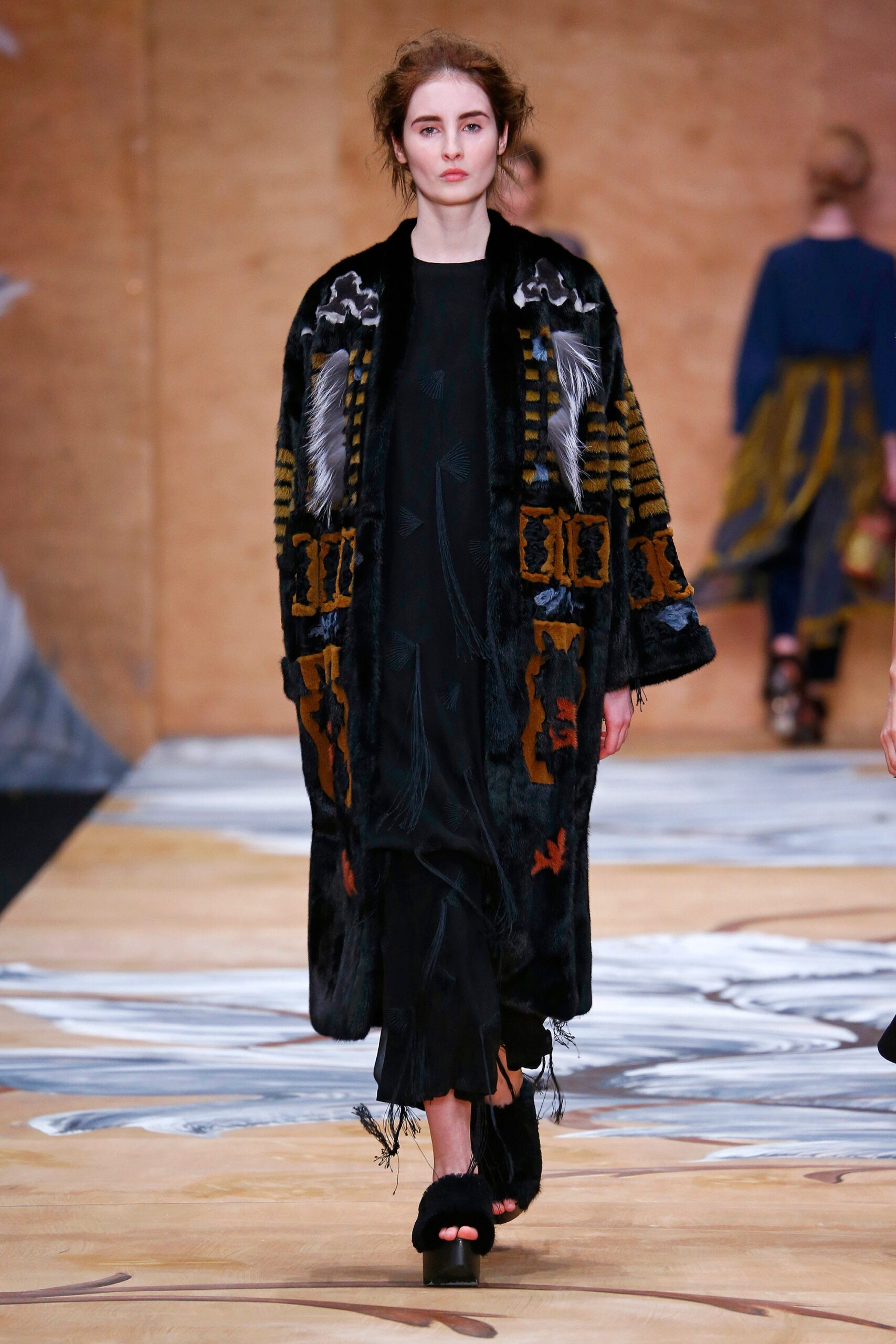 black embroidered fur coat and dress