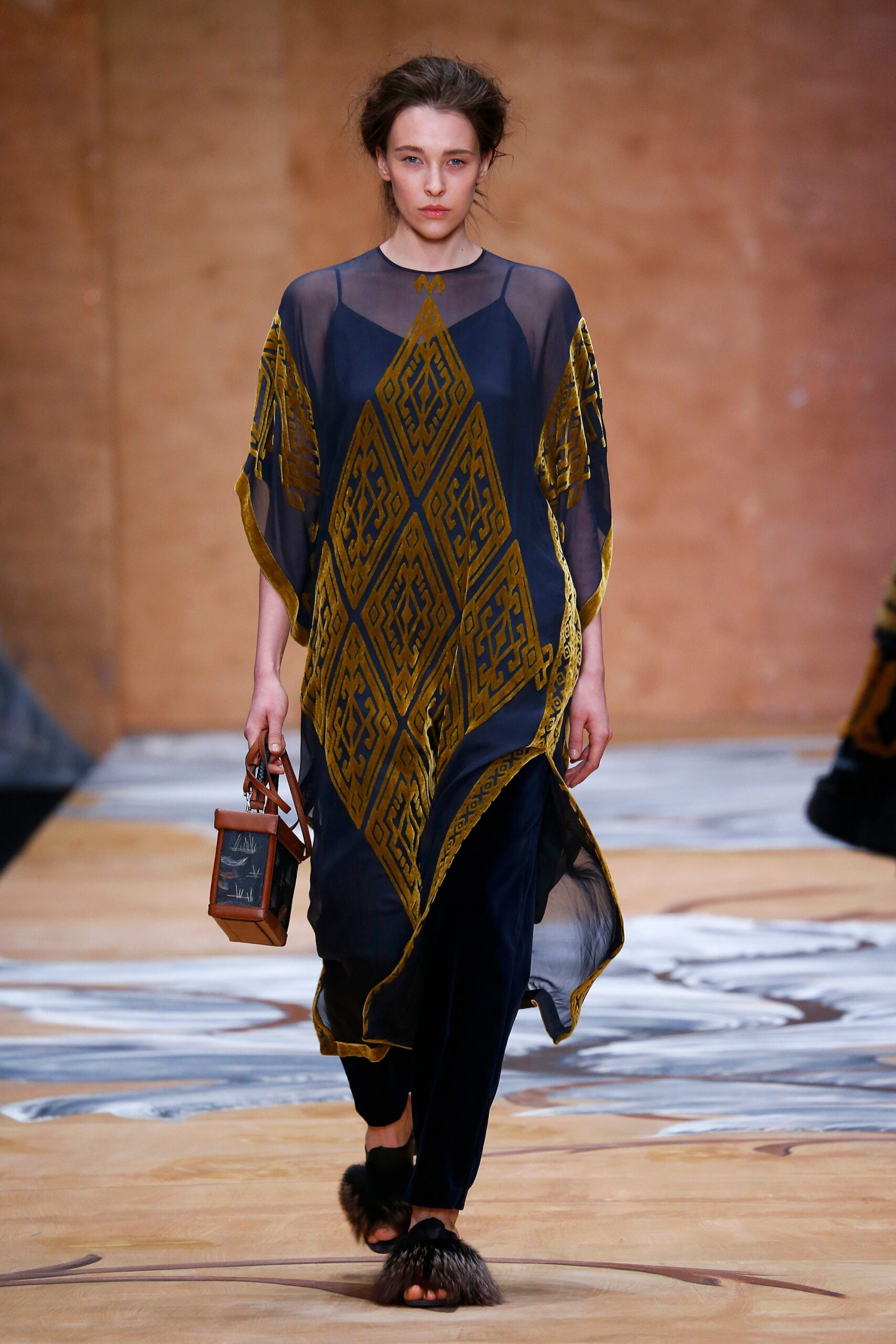 blue and gold printed maxi dress