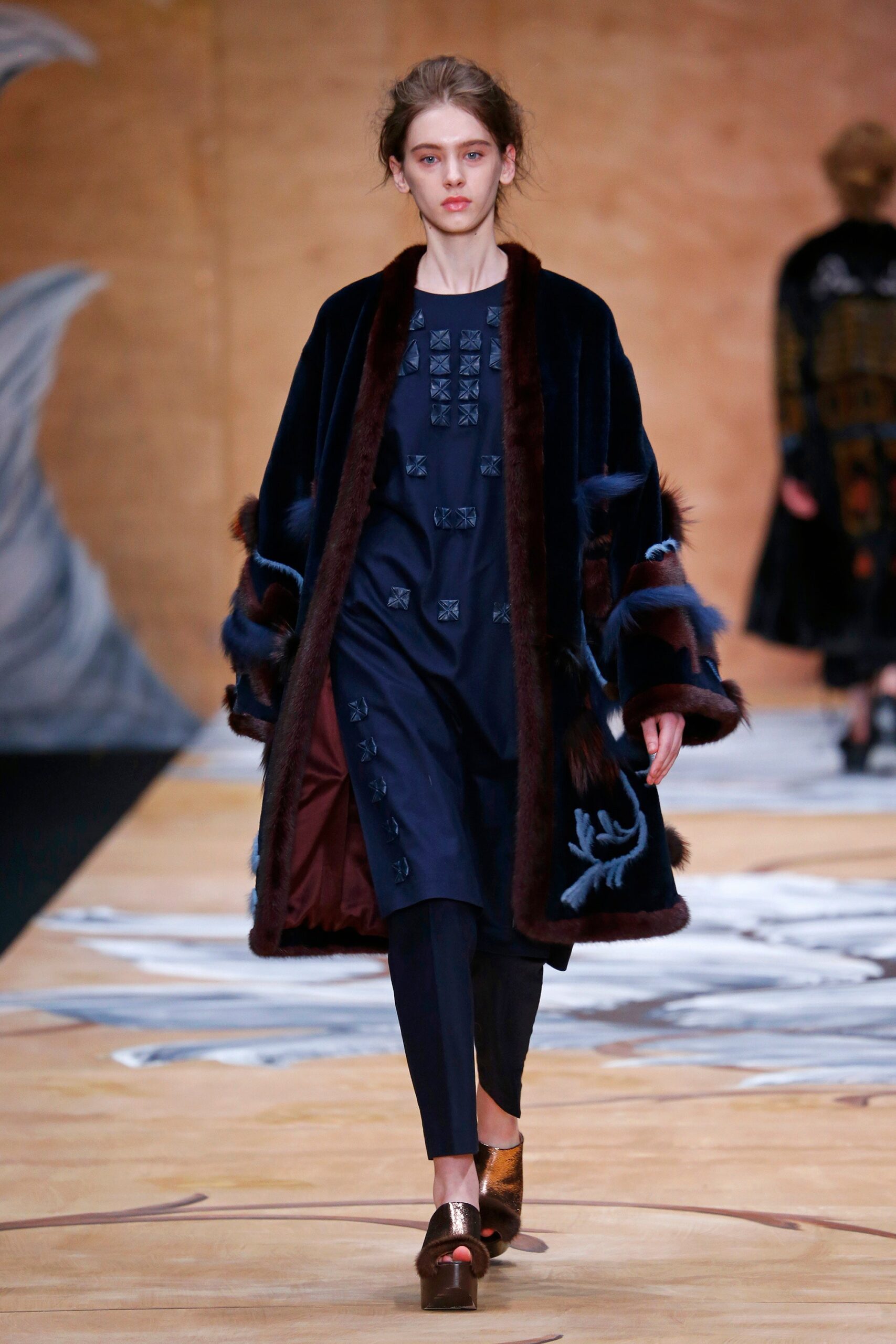 blue velvet long-sleeve collared relaxed layered coat