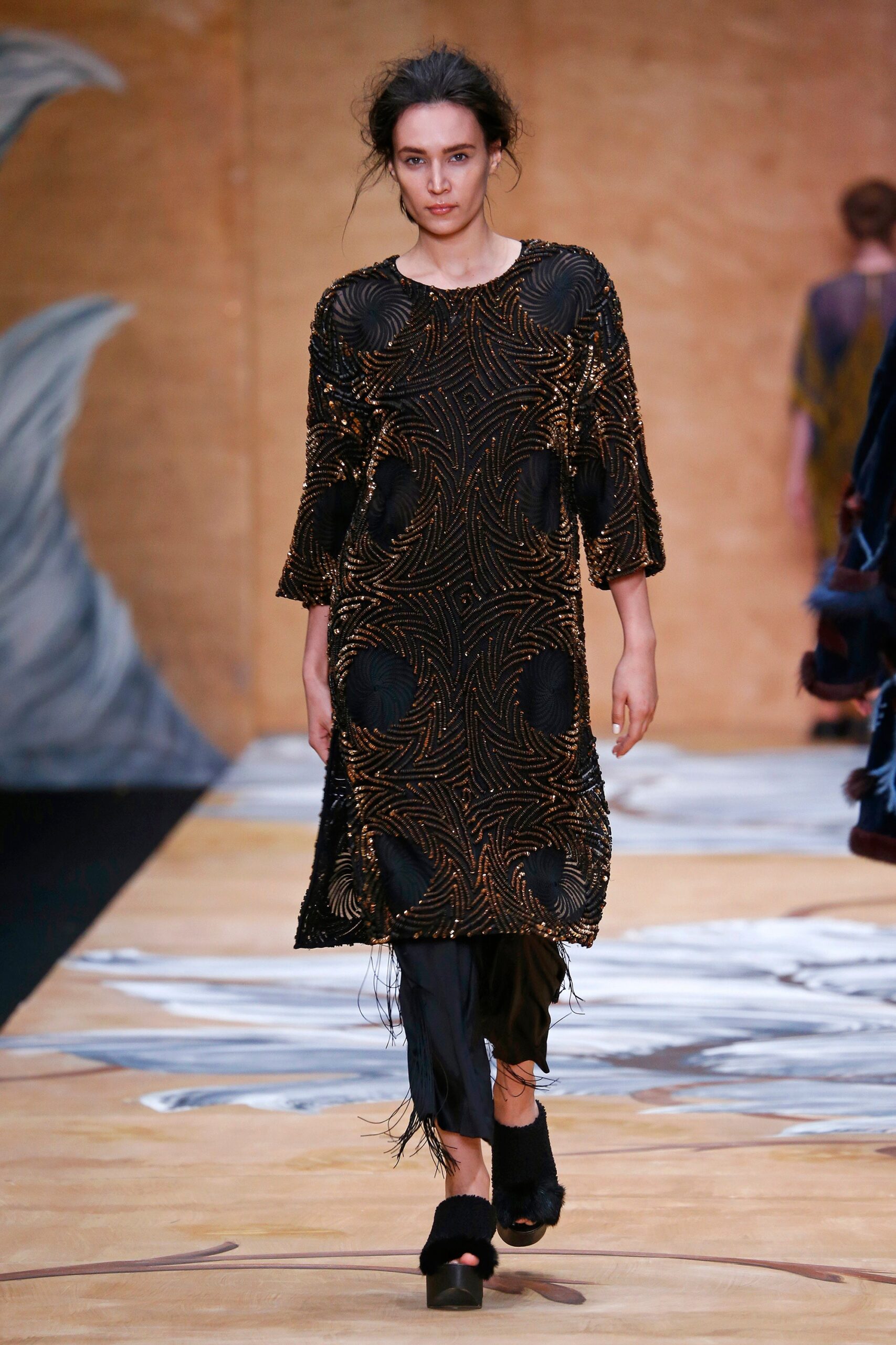 black silk long-sleeve collared relaxed embroidered tiered dress