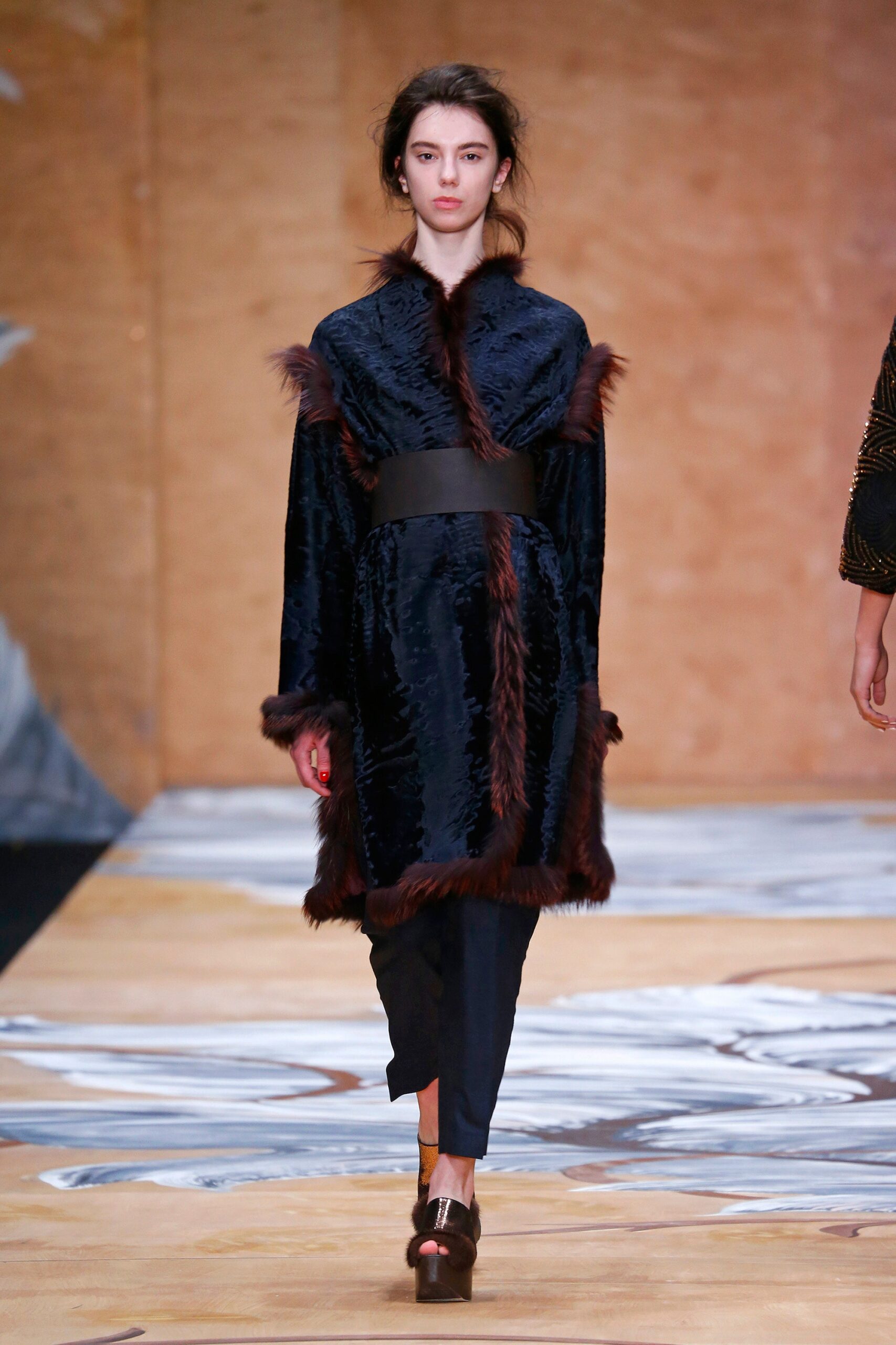 blue fur long-sleeve collared relaxed draped belted coat