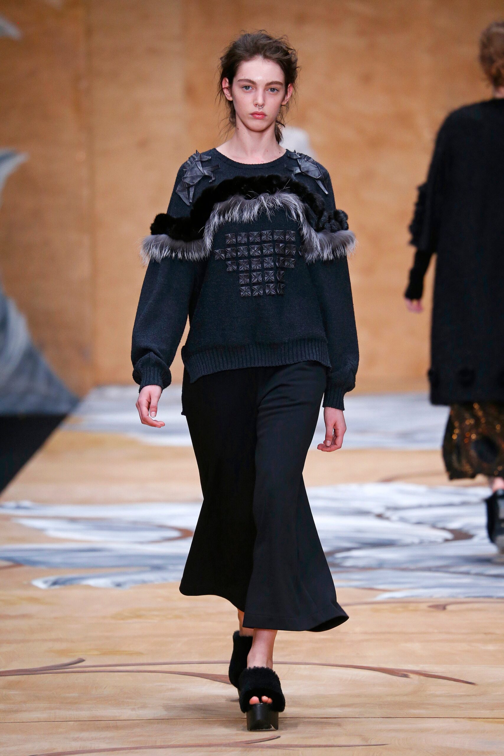 black wool sweater and midi skirt