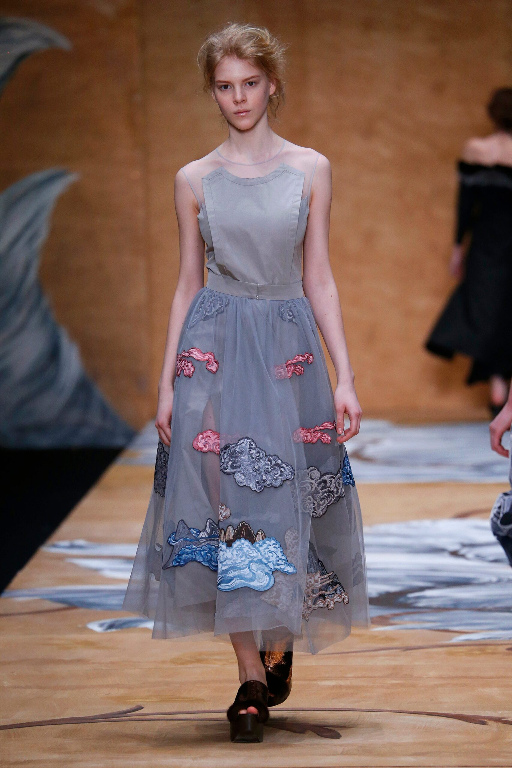 gray embroidered midi dress