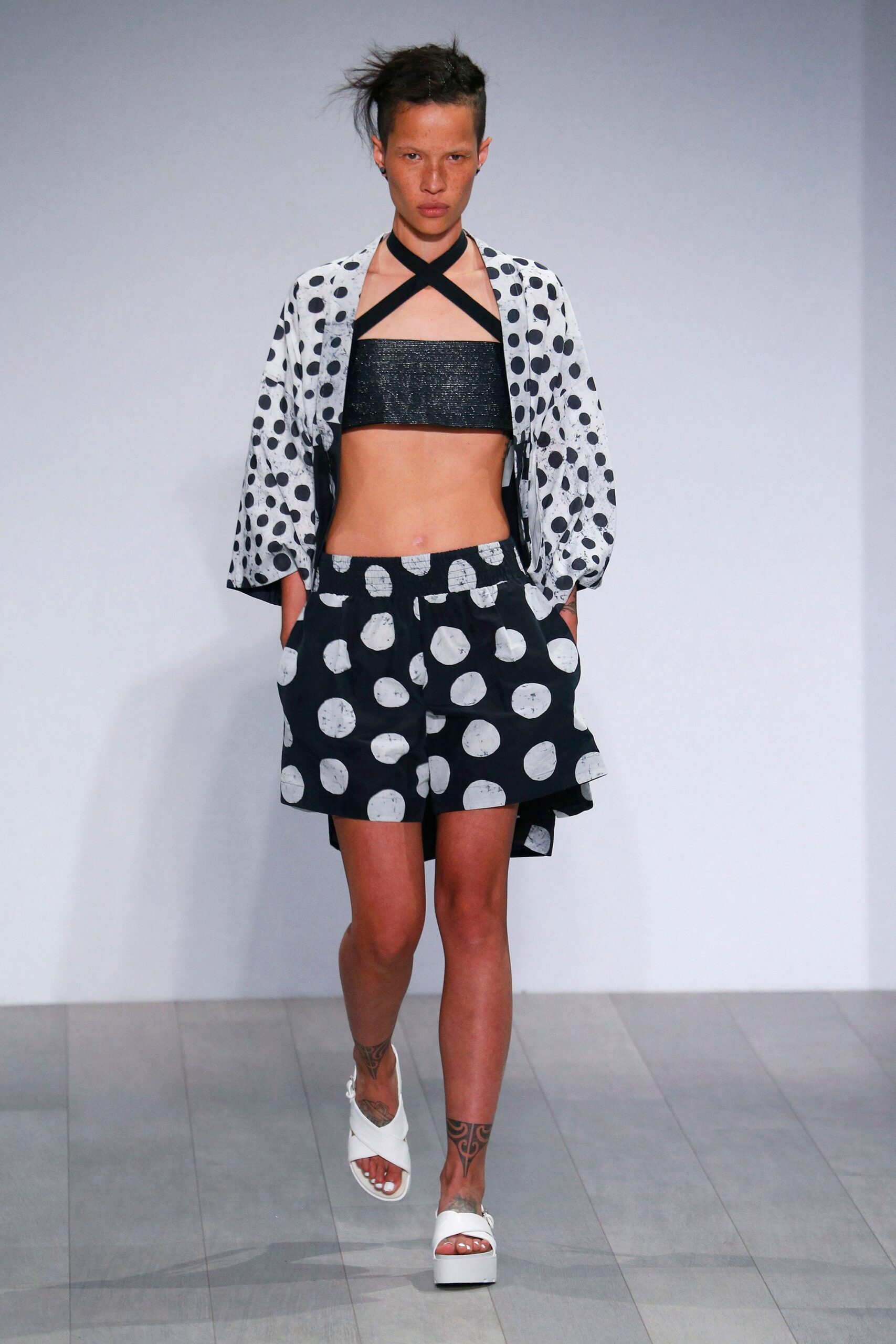 black and white polka-dot outfit