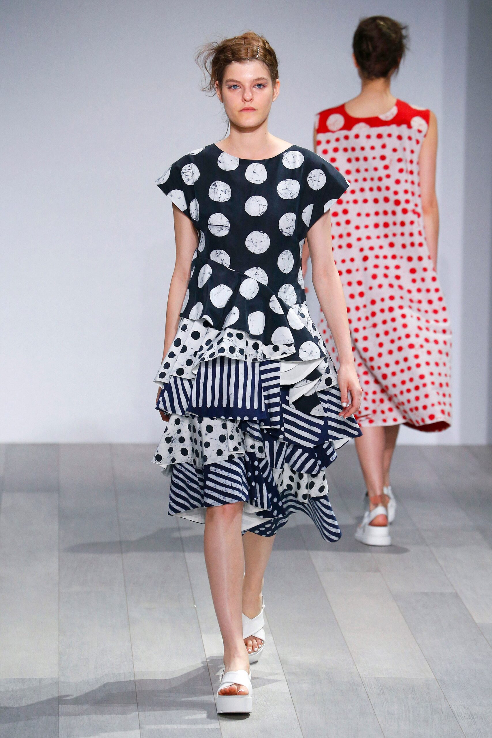 black and white pleated dress, red and white polka-dot dress
