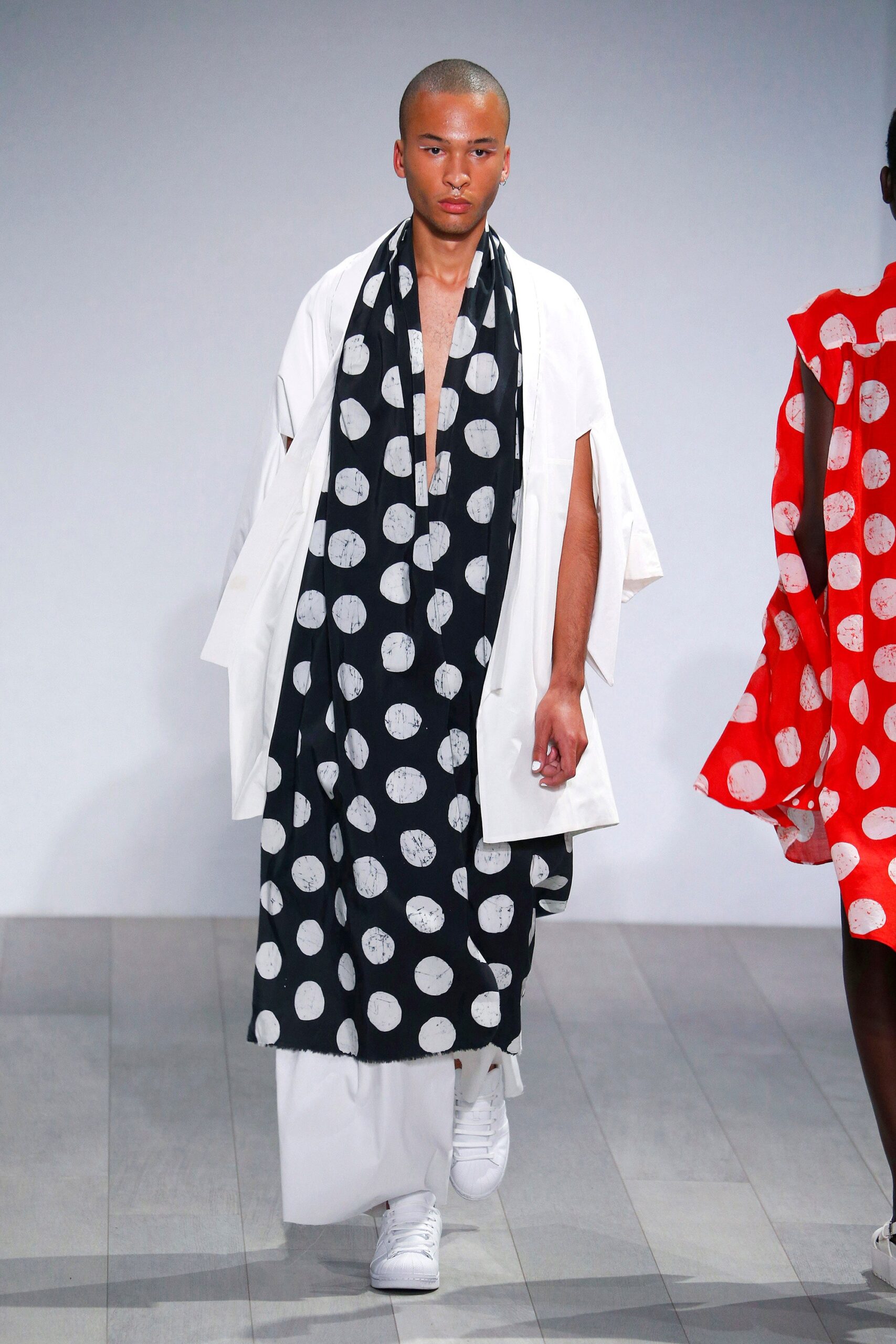 white relaxed coat with printed scarf