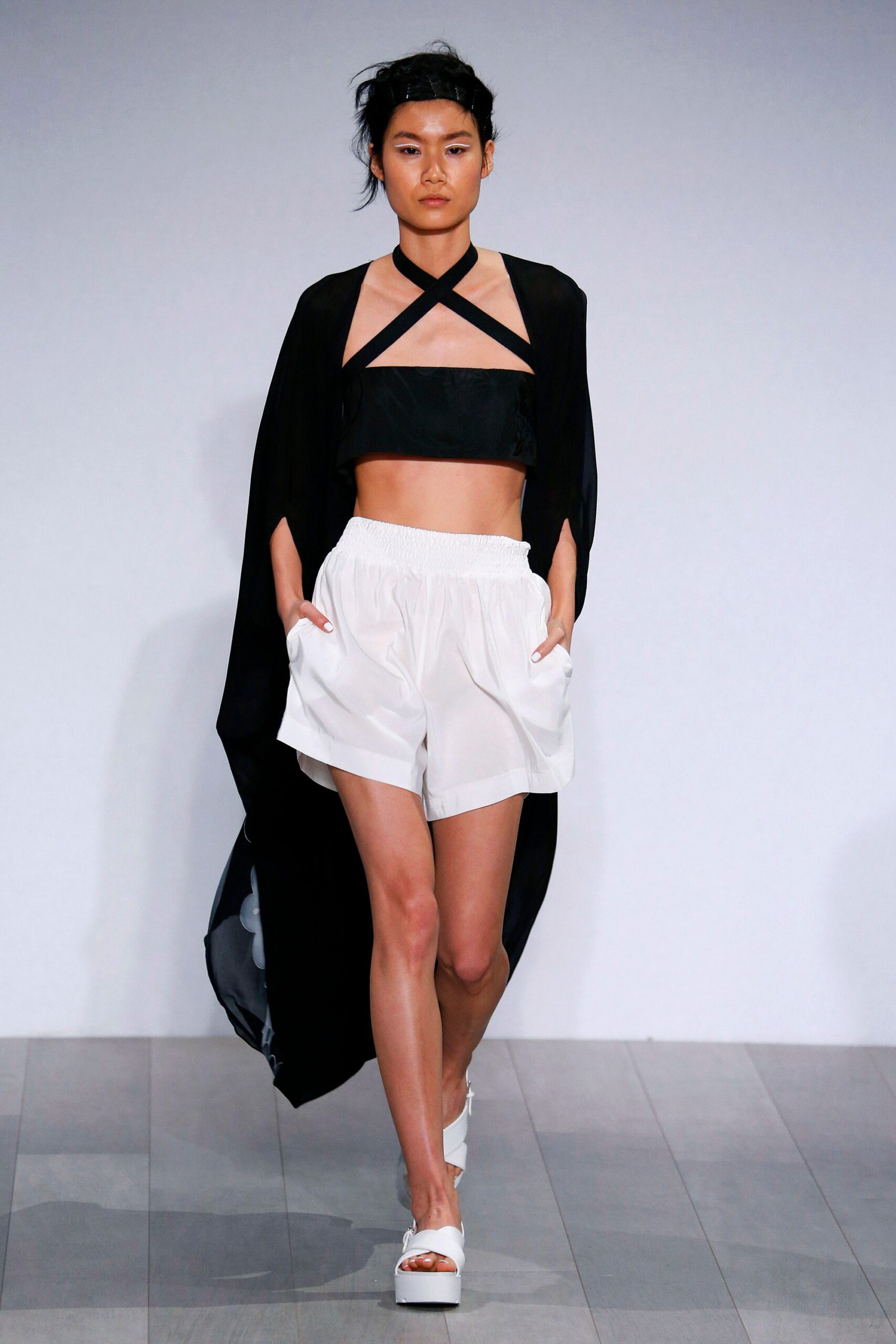 black silk top white shorts
