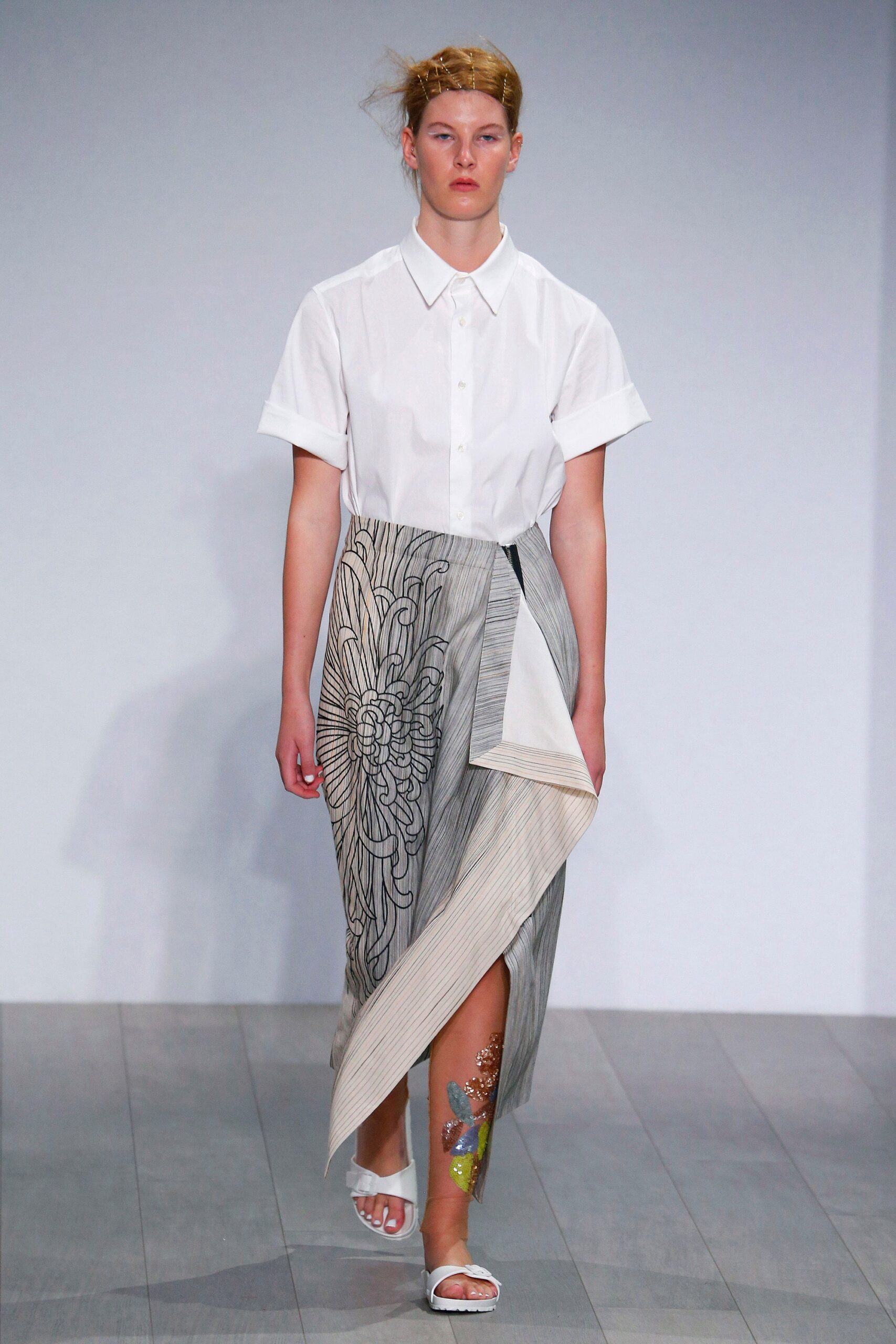 white shirt gray asymmetric skirt