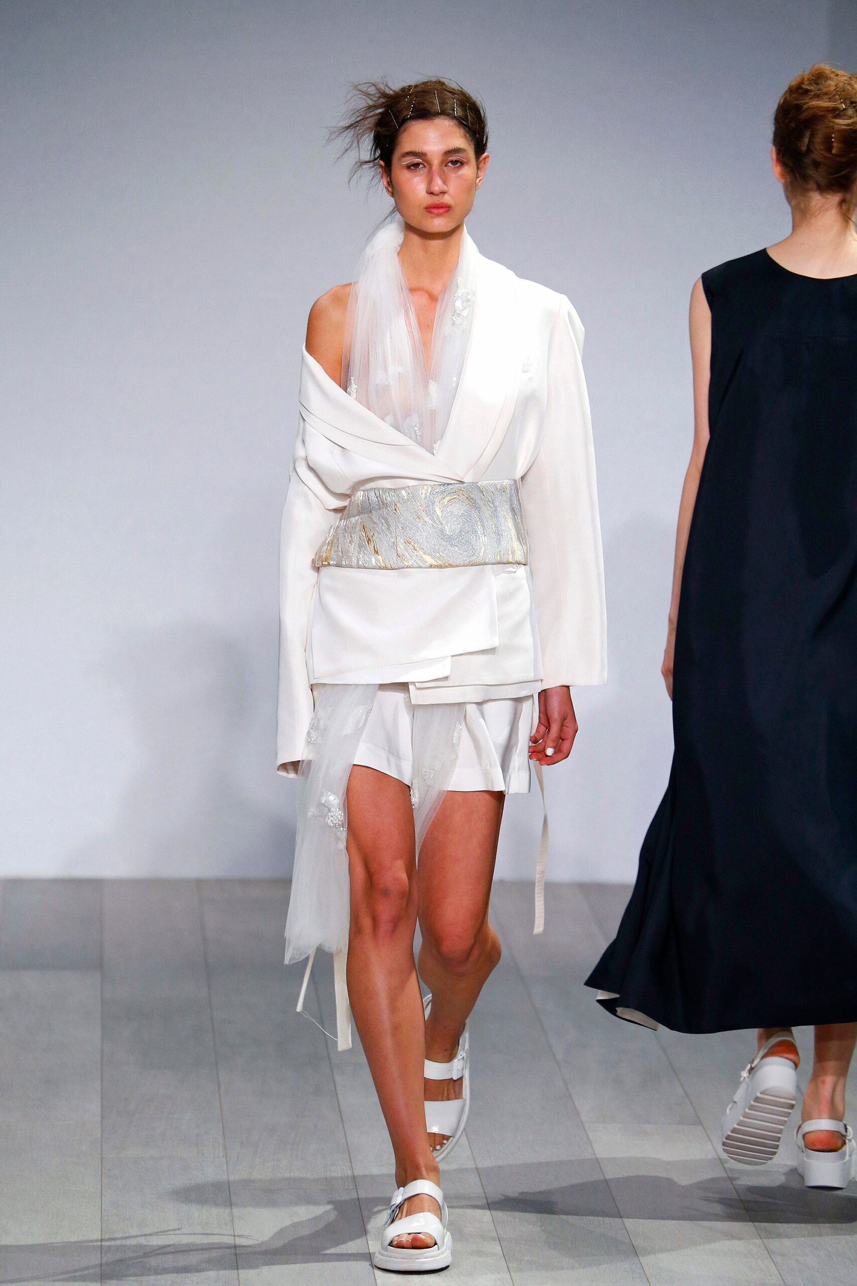 white silk long-sleeve collared relaxed draped blouse
