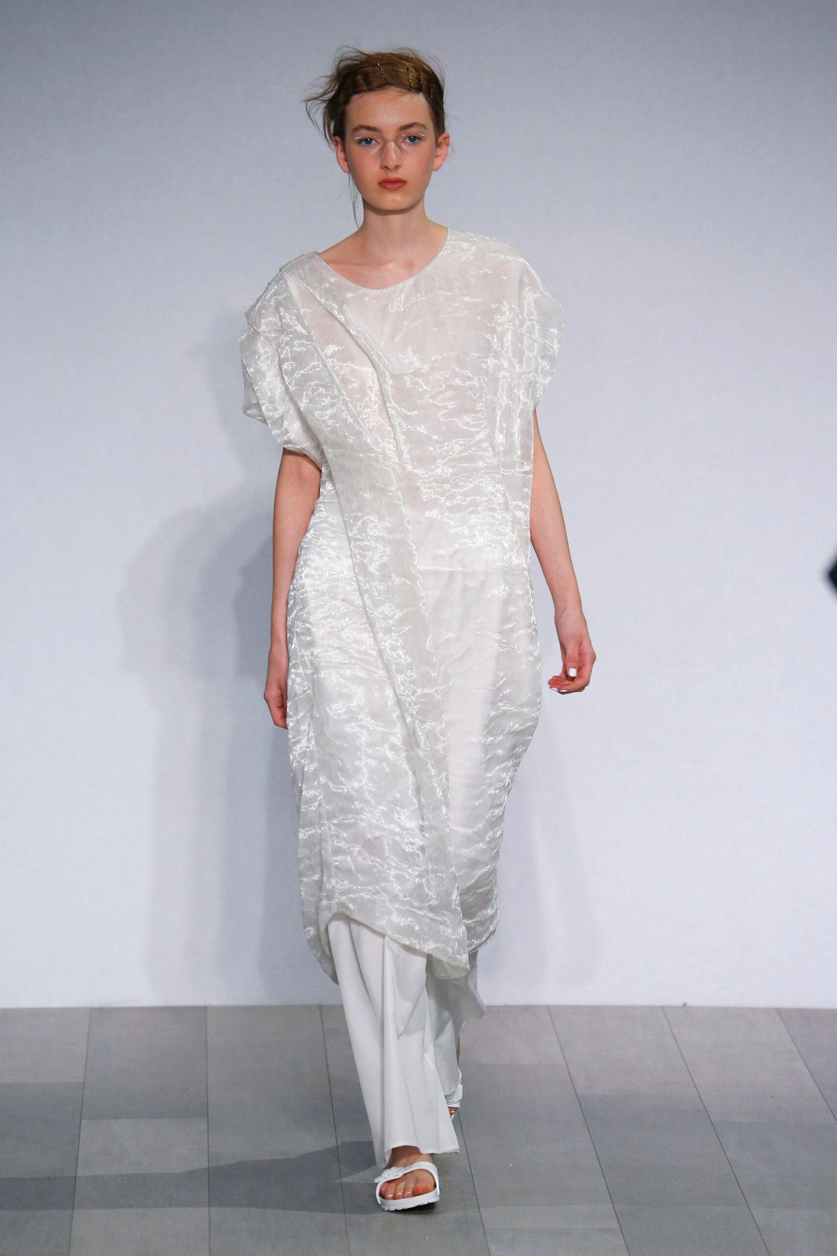 white silk sleeveless high-neck relaxed draped sheer dress