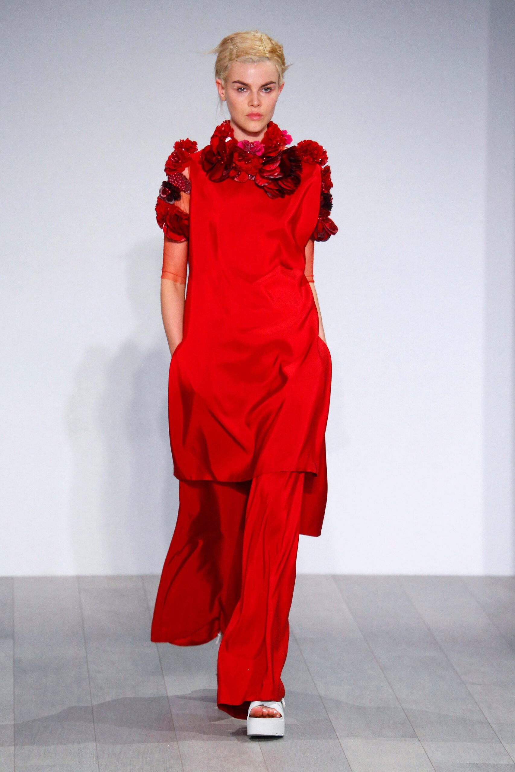 red silk relaxed dress and pants