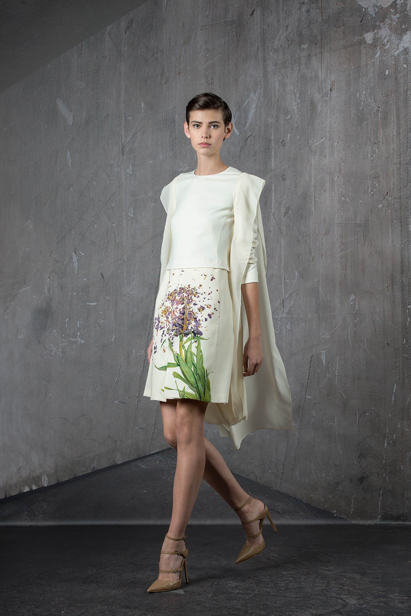 ivory silk sleeveless high-neck fitted flared embroidered dress