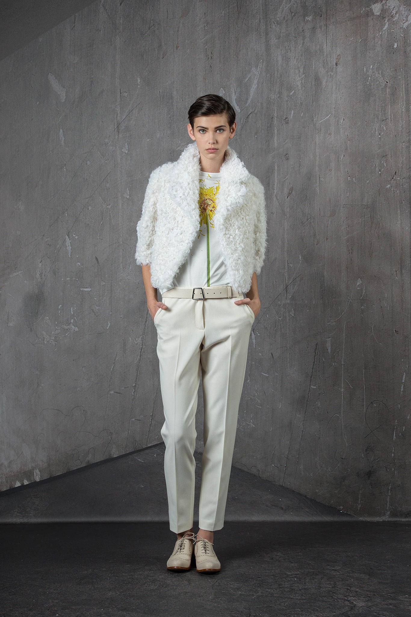white faux-fur short-sleeve relaxed layered jacket