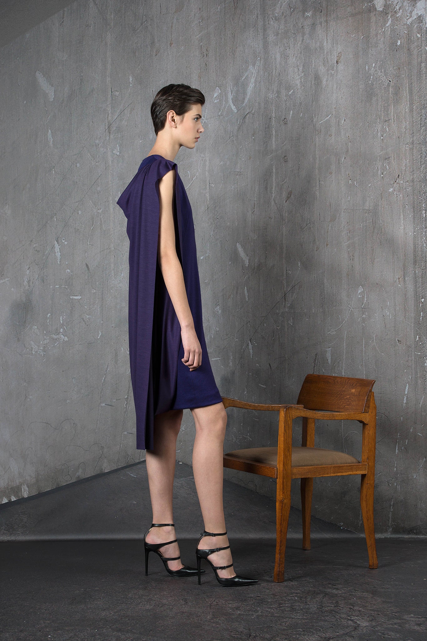 purple cotton sleeveless v-neck relaxed draped mini dress
