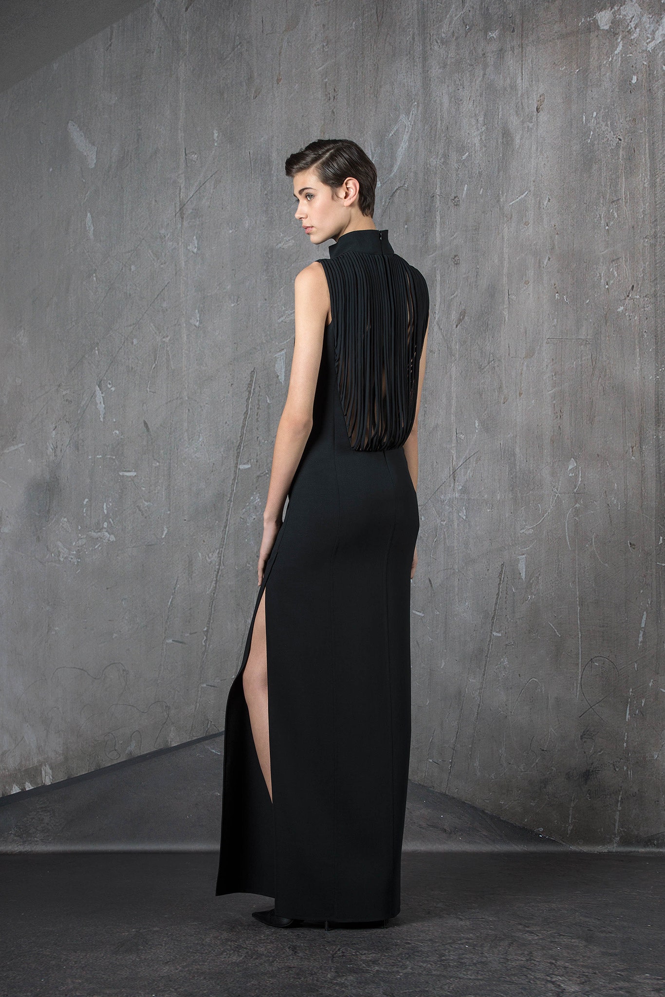 black silk sleeveless gown