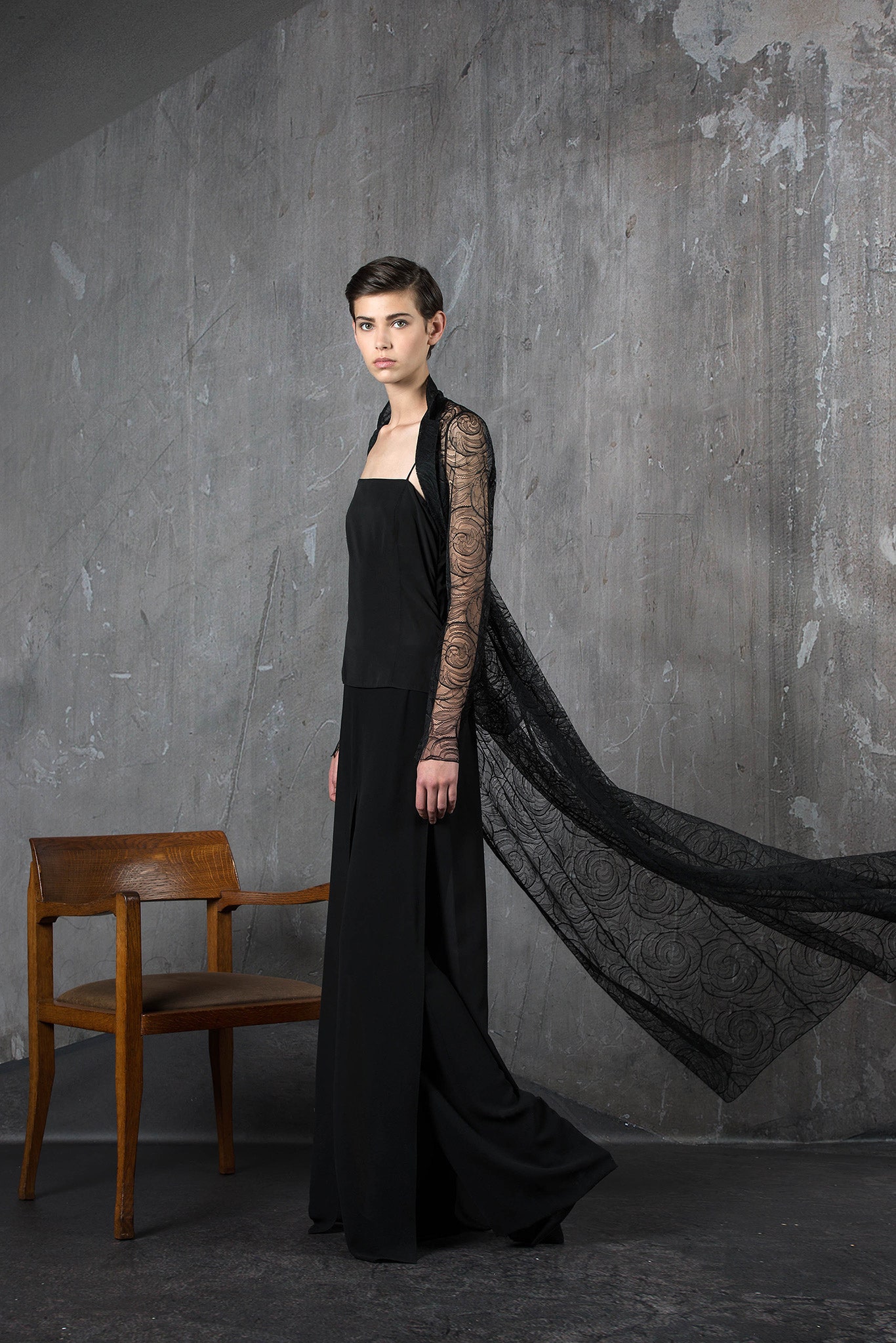 black lace long-sleeve relaxed layered sheer cape
