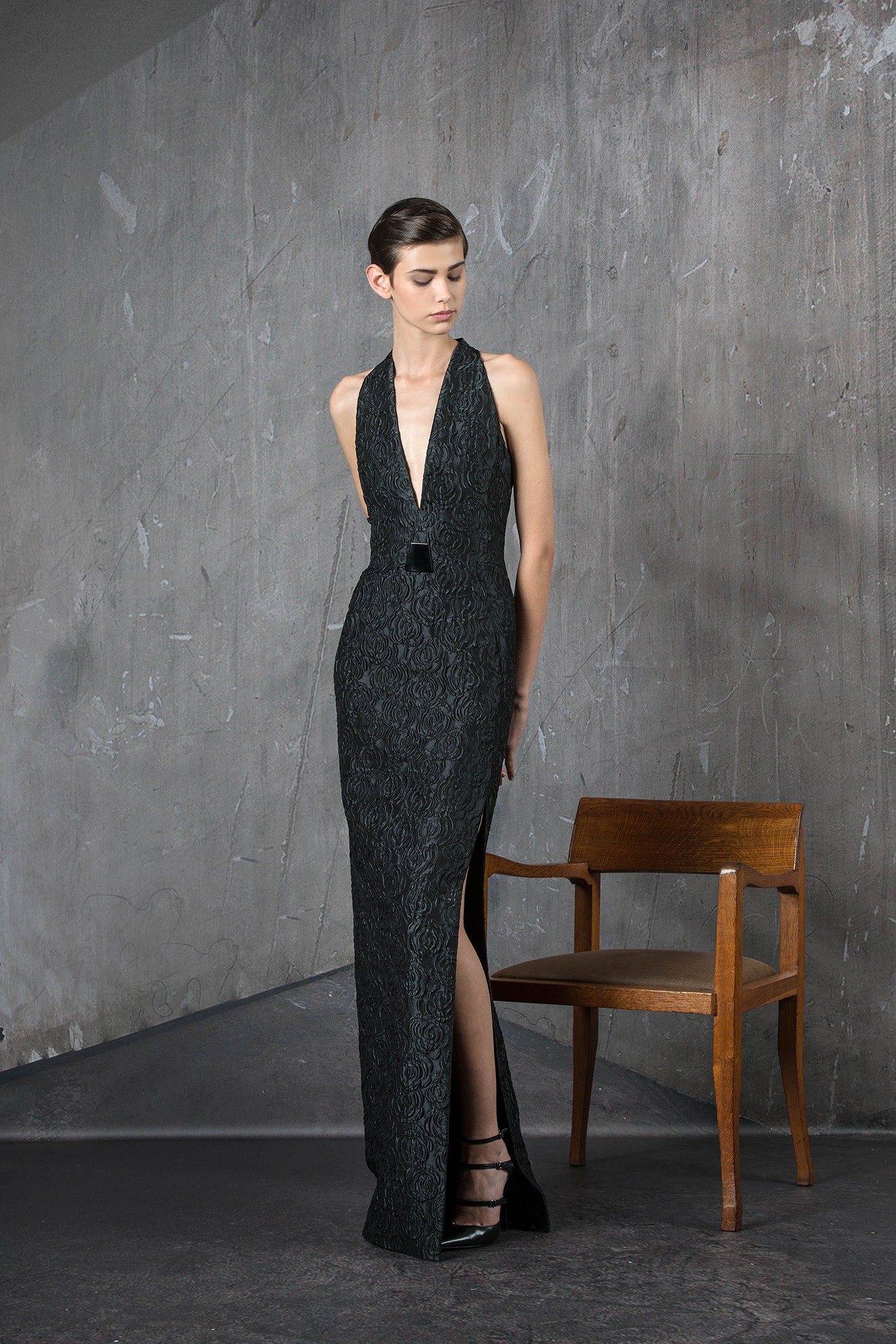 black silk sleeveless gown