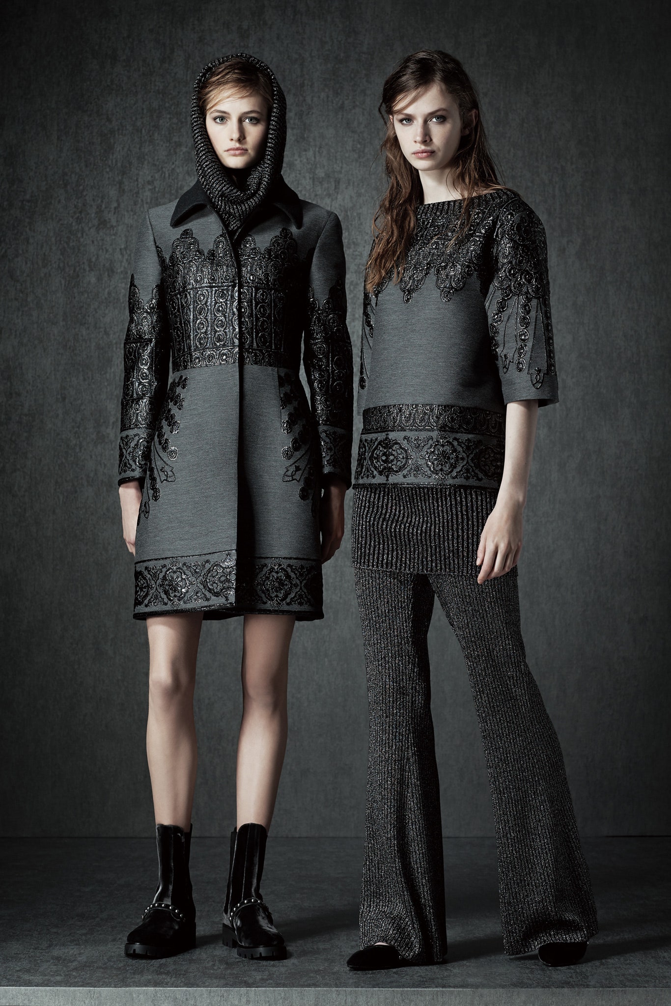 gray embroidered coat and flared pants