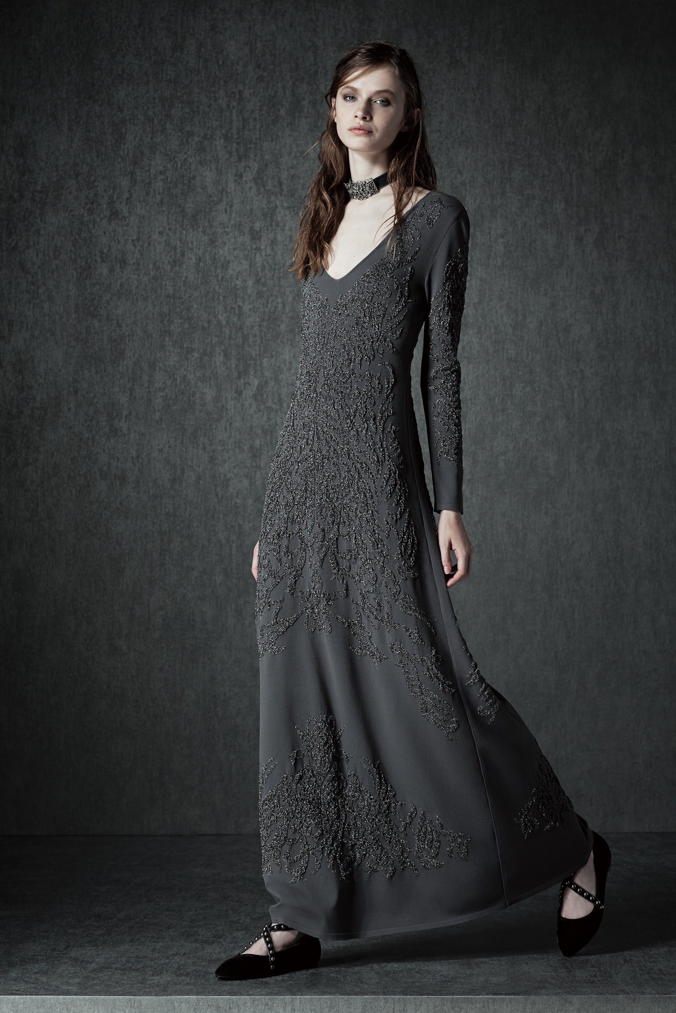 gray silk embroidered gown