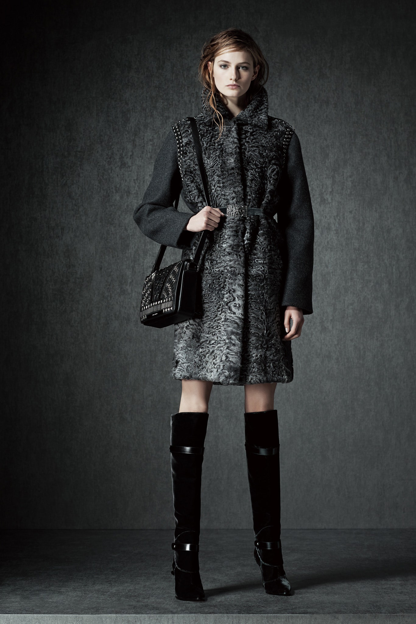 gray faux-fur coat with boots