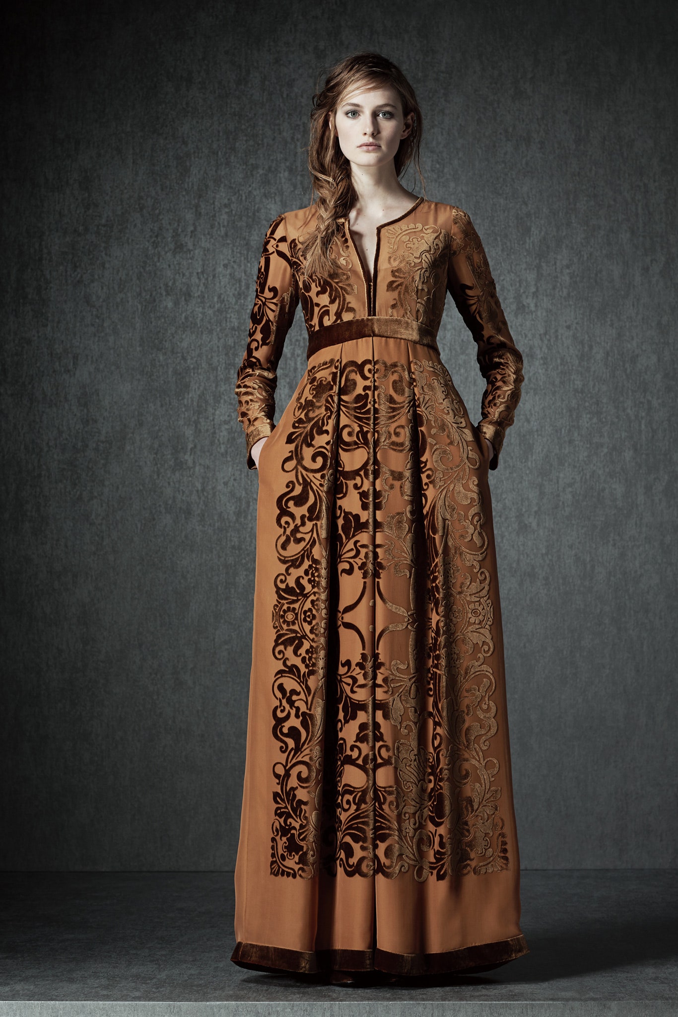 brown embroidered long-sleeve gown