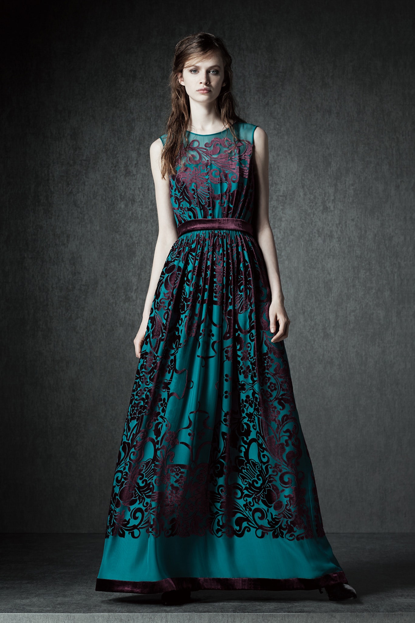teal and burgundy printed gown