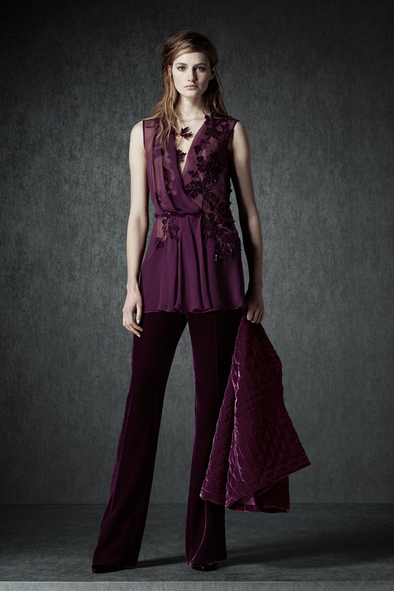 purple silk embroidered top and flared pants