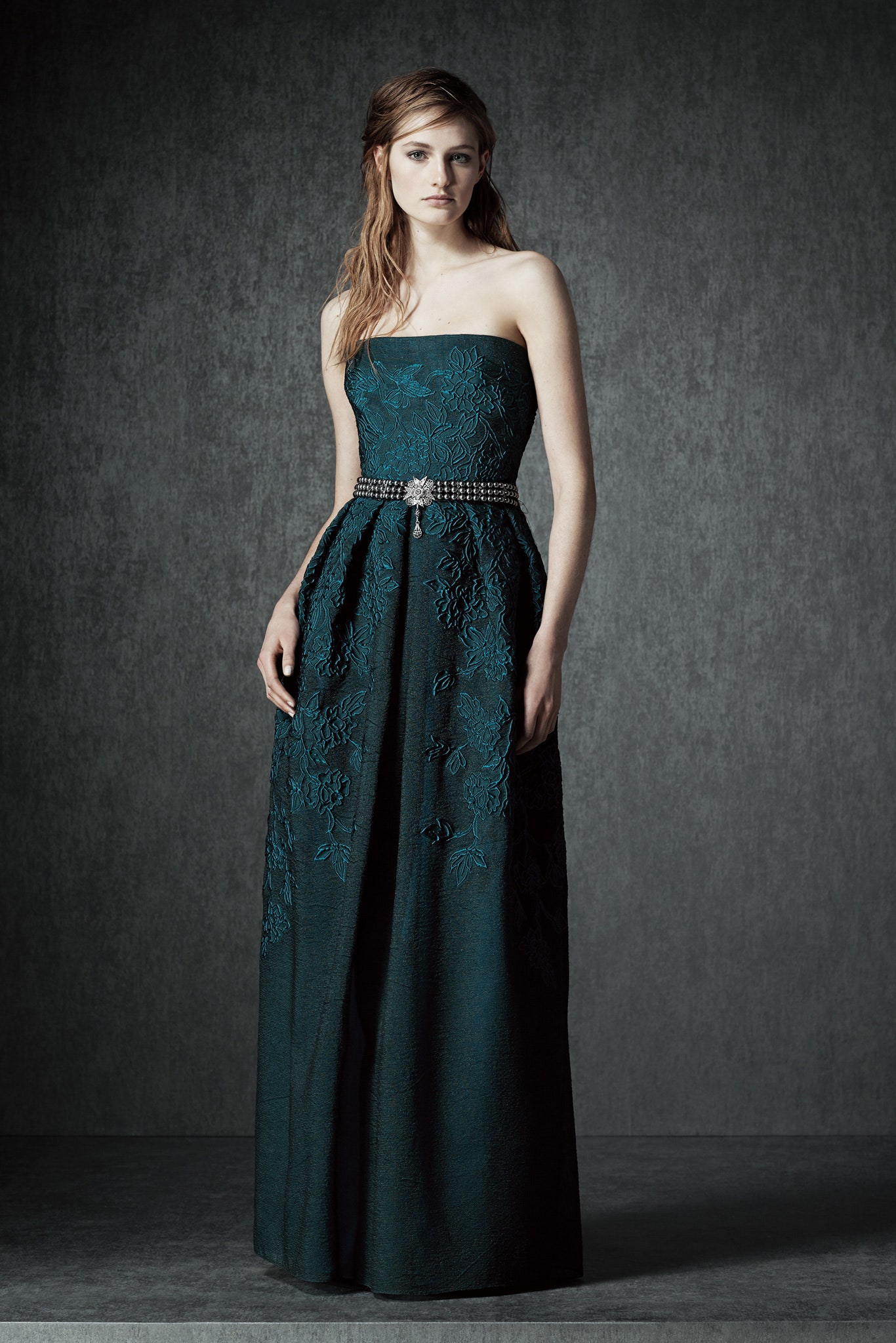 teal silk strapless gown