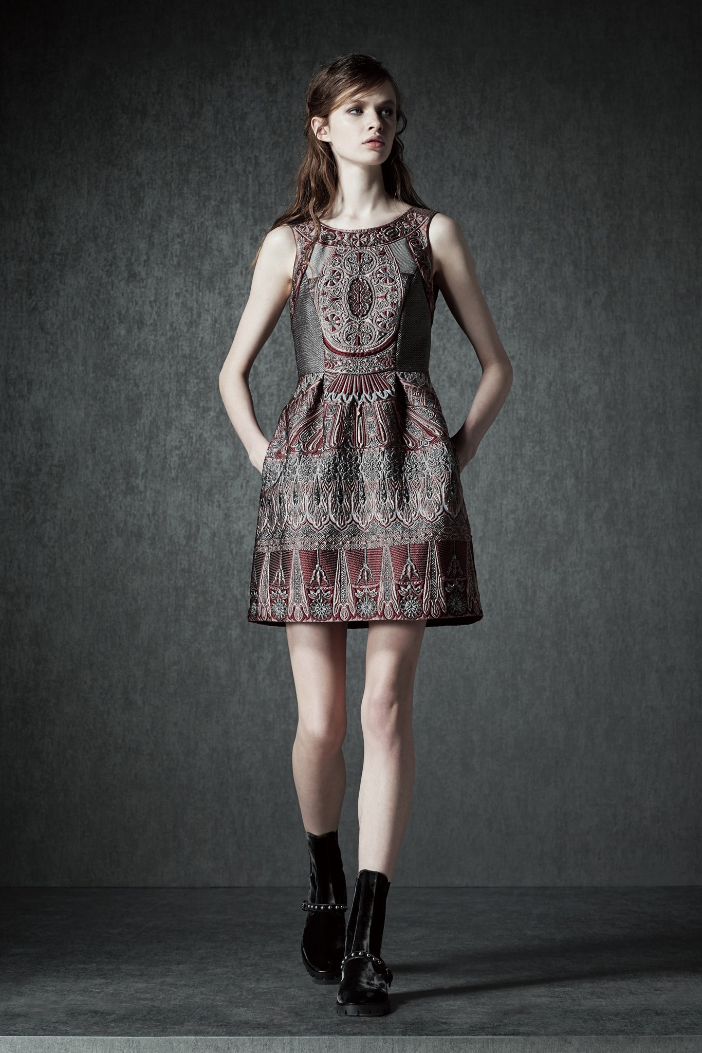 gray and red embroidered mini dress