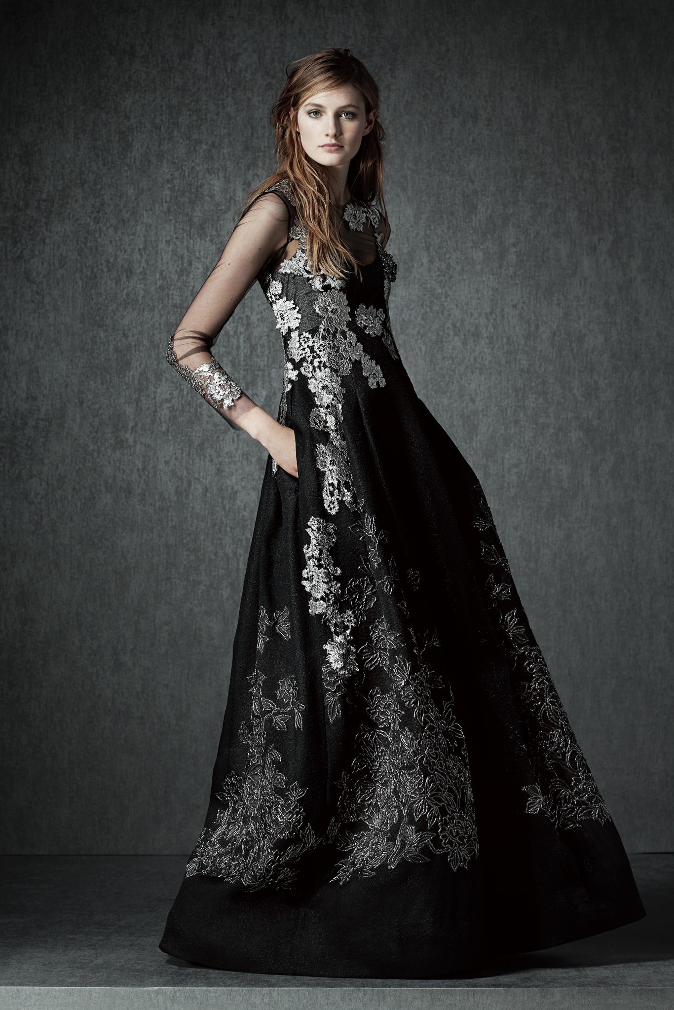 black silk embroidered gown