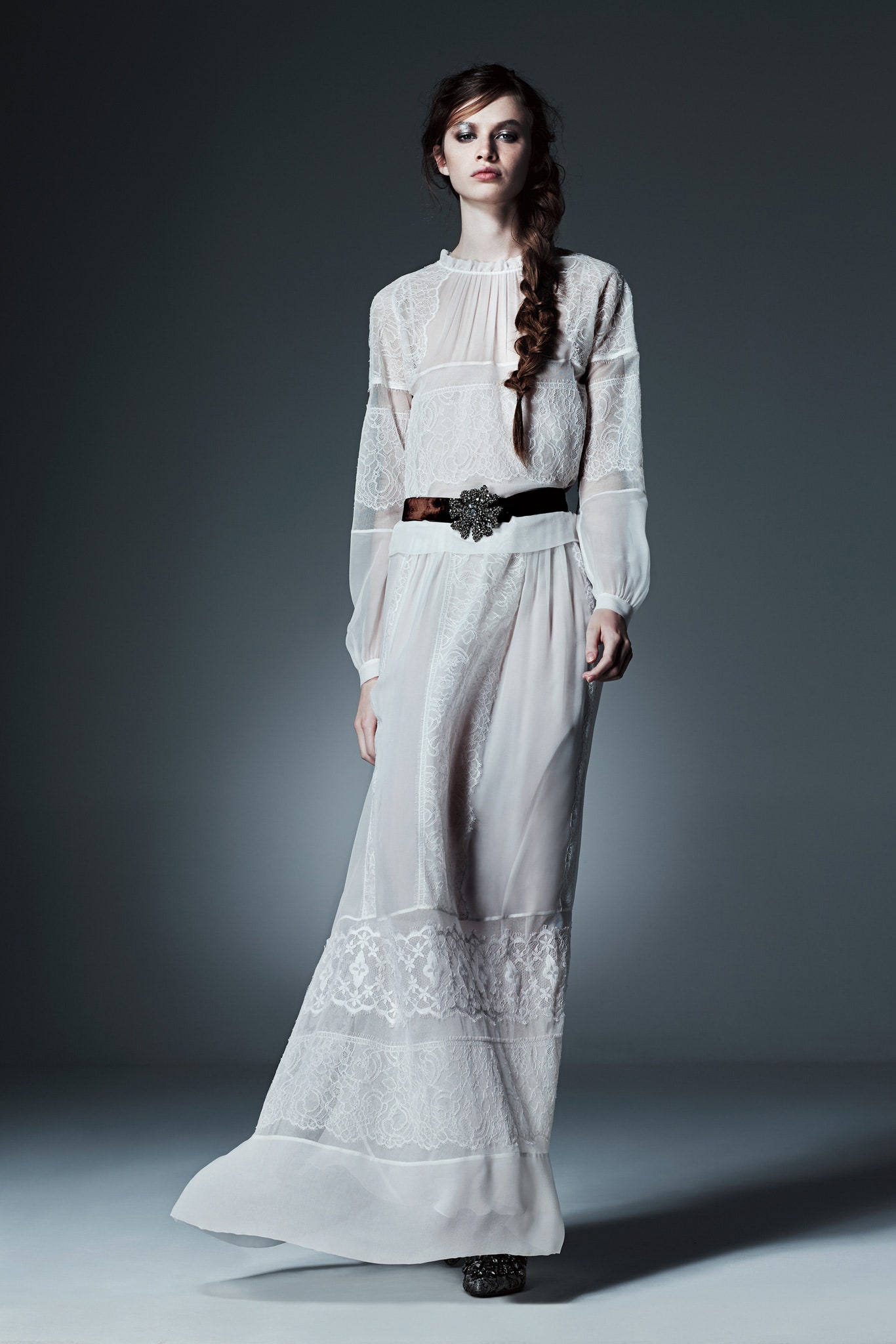 white silk lace gown