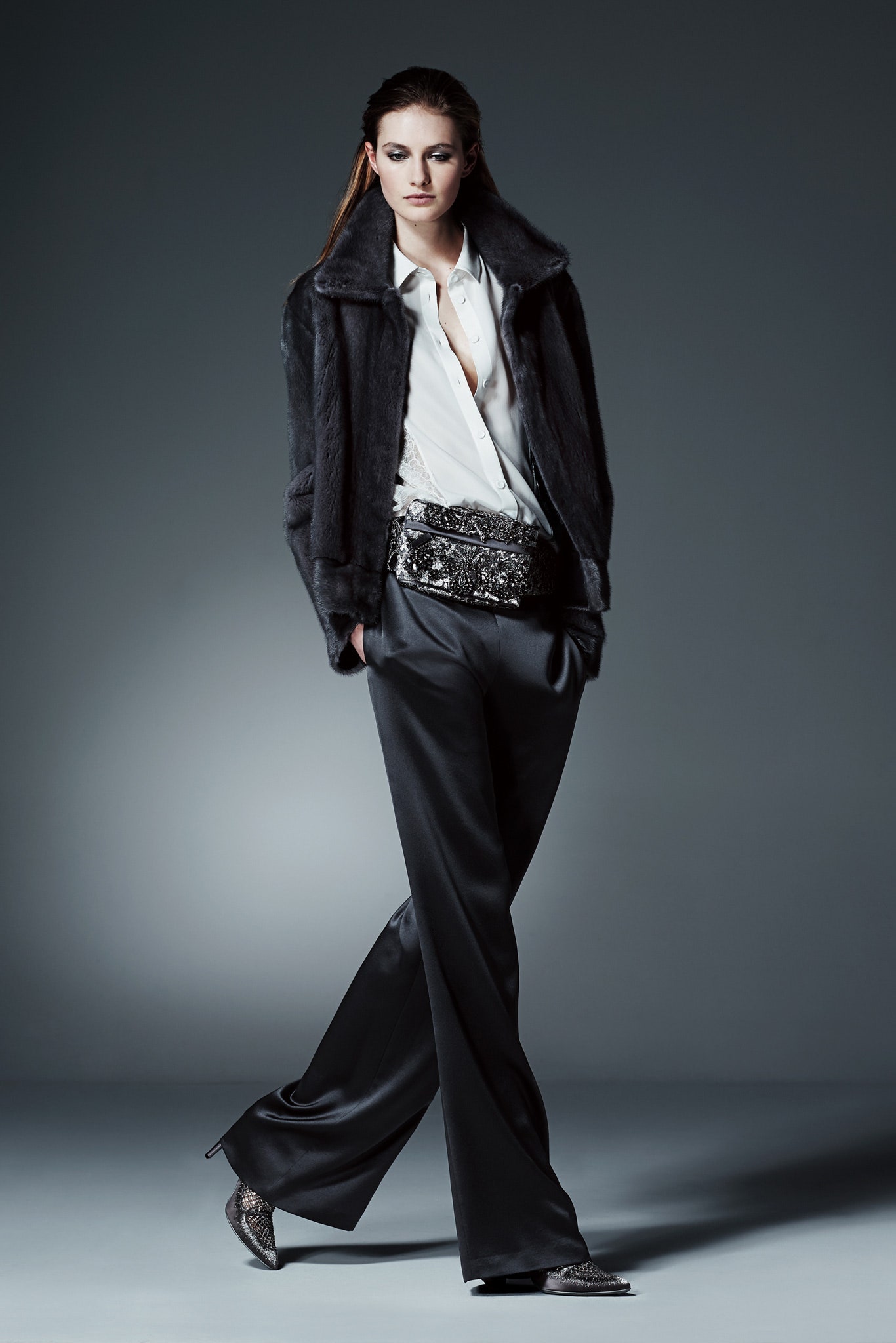 black fur coat with silk shirt