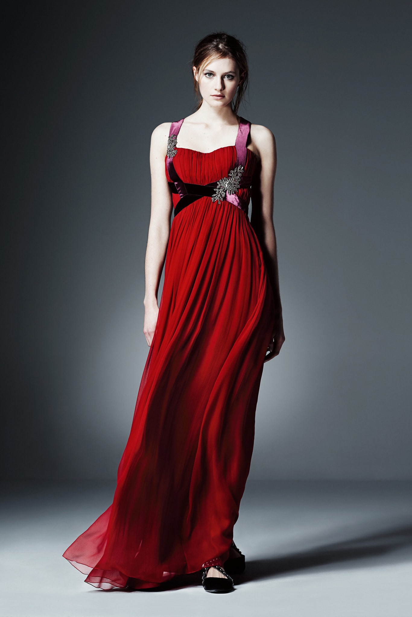 red silk sleeveless gown