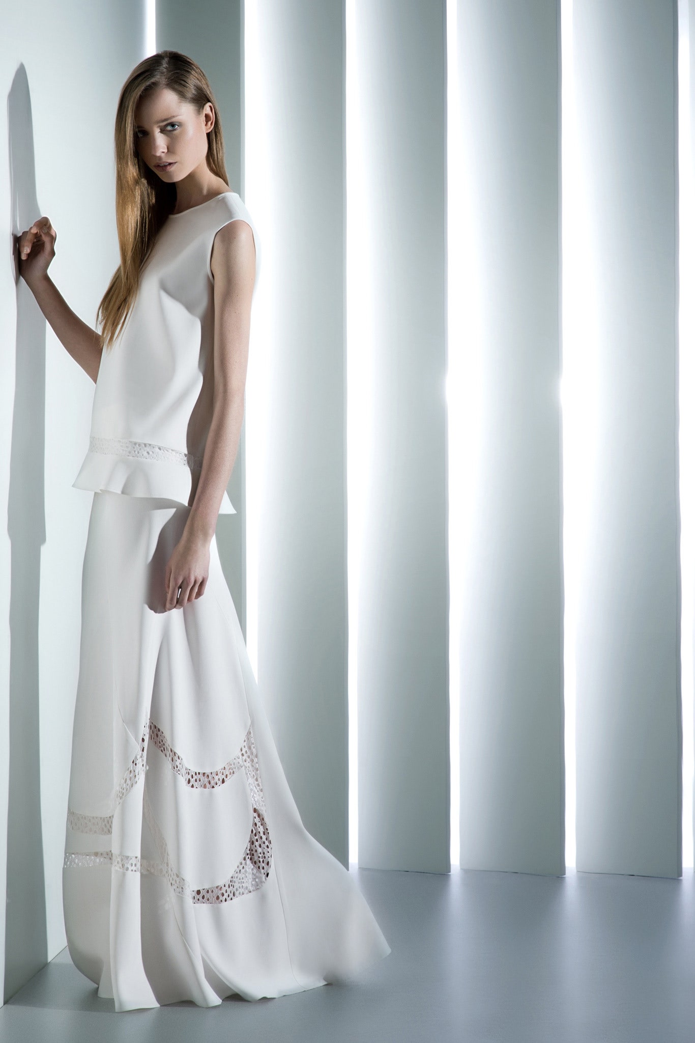white silk top and skirt