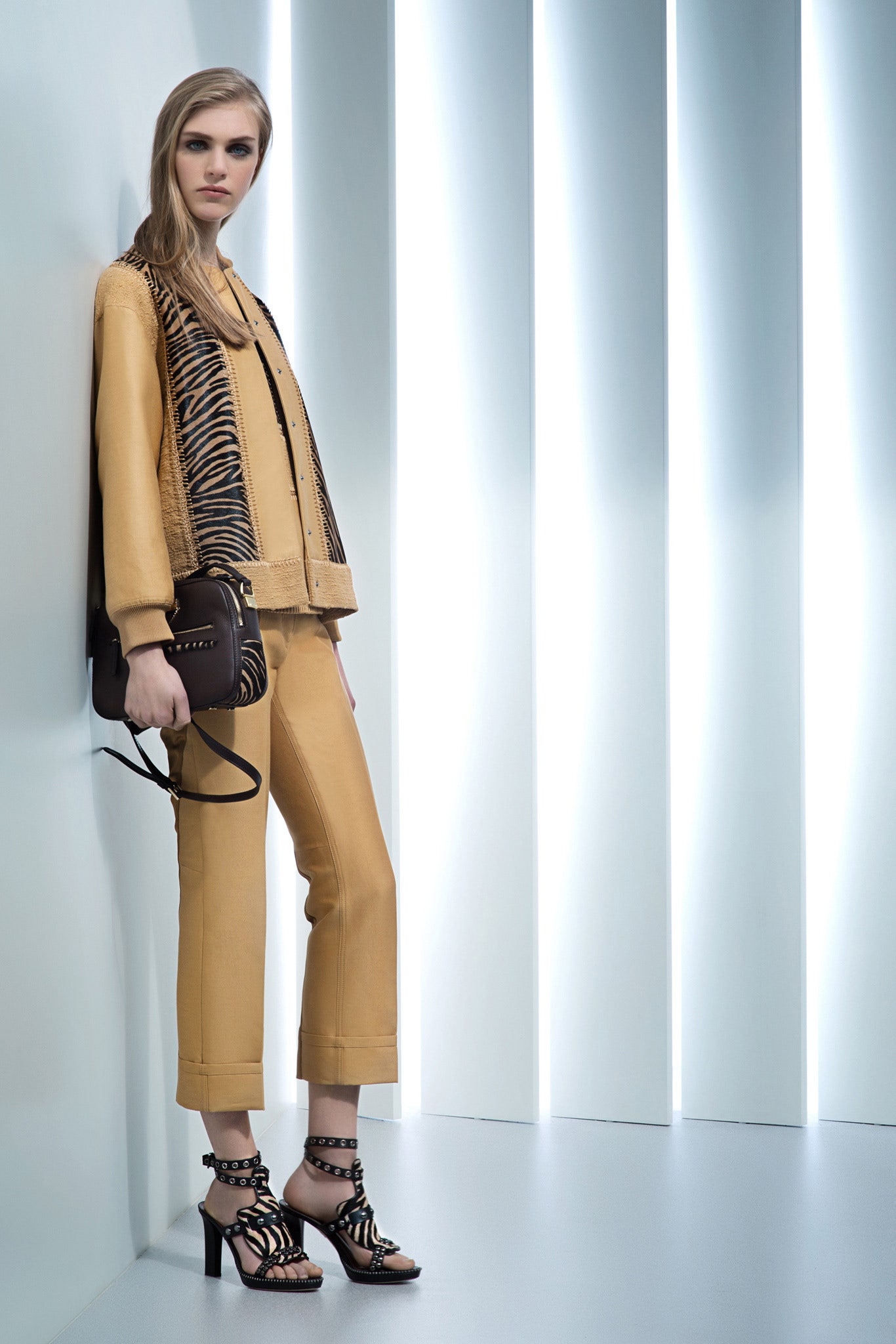 yellow leather long-sleeve collared fitted zippered jacket