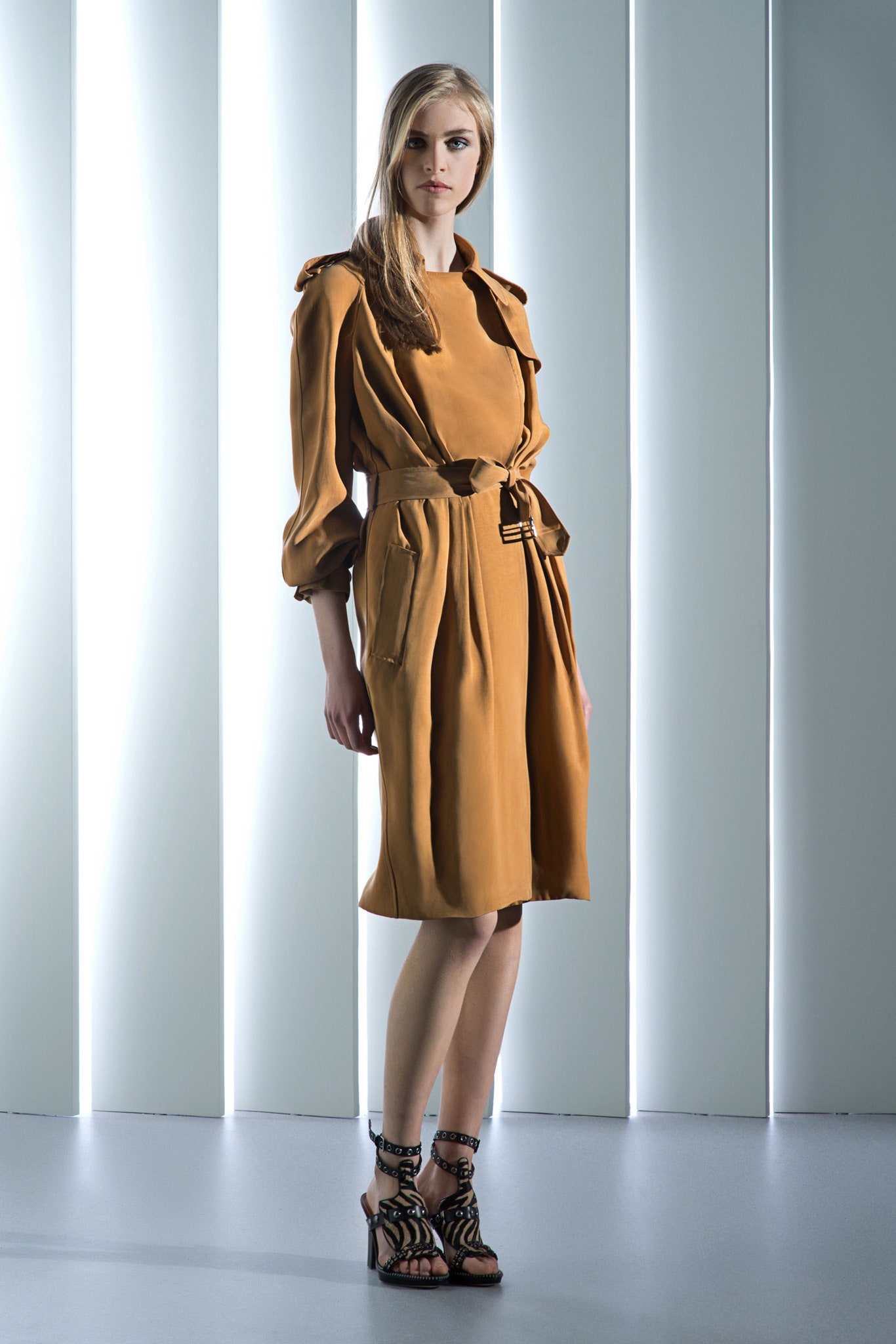 brown silk belted midi dress