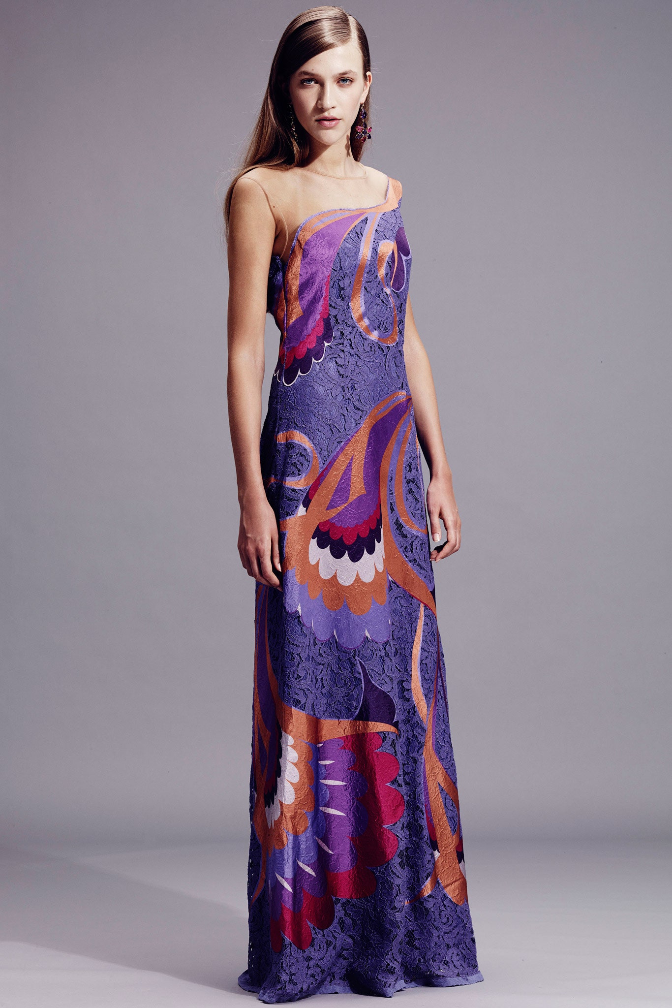 purple embroidered off-shoulder gown