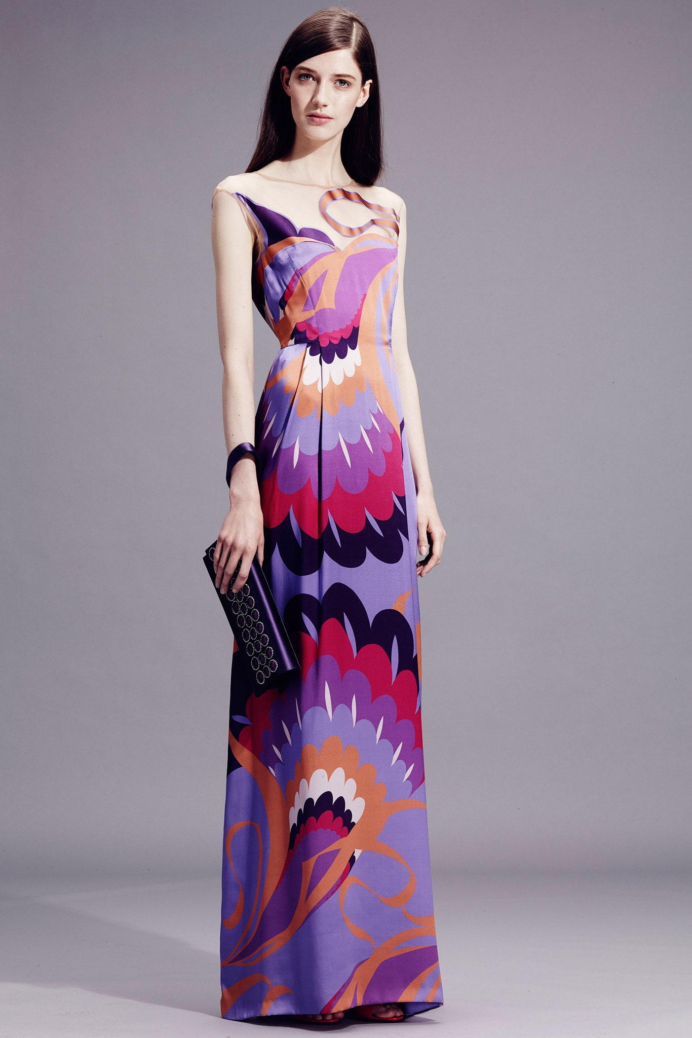 purple printed off-shoulder gown