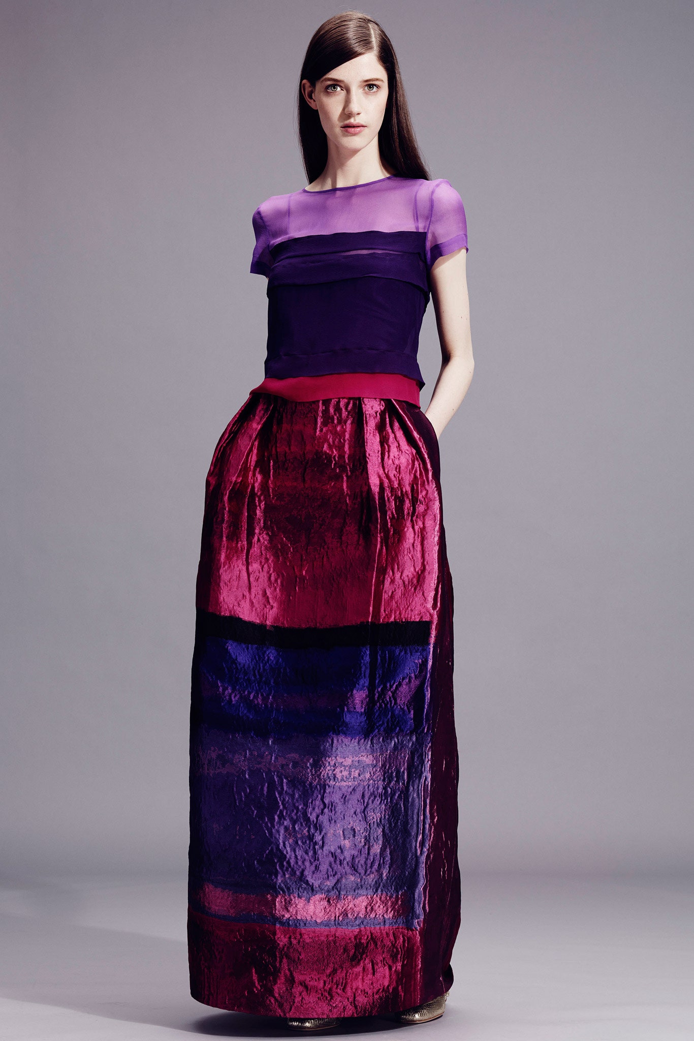 purple and pink pleated maxi dress