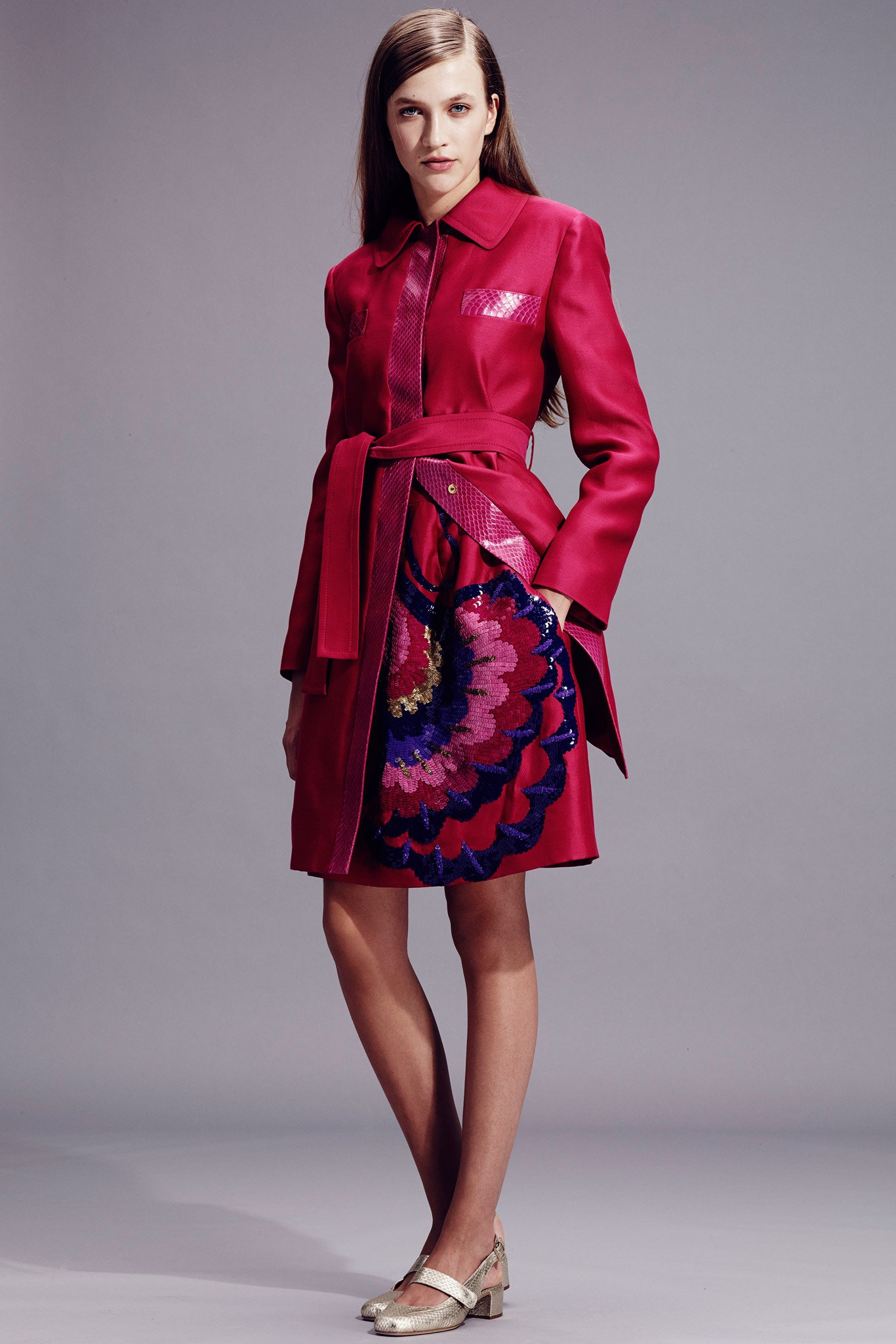 red silk belted dress
