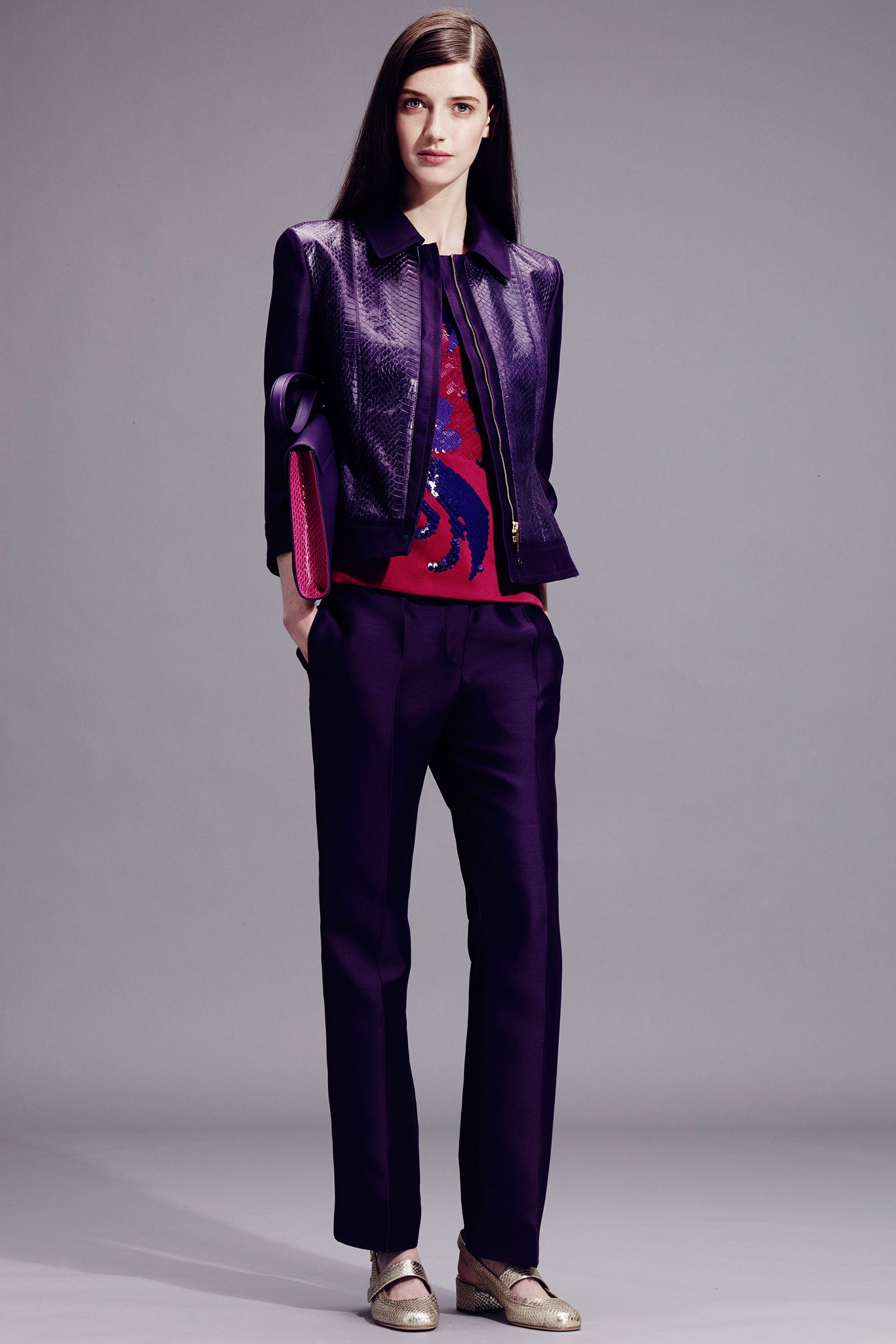 purple wool tailored straight-leg pants