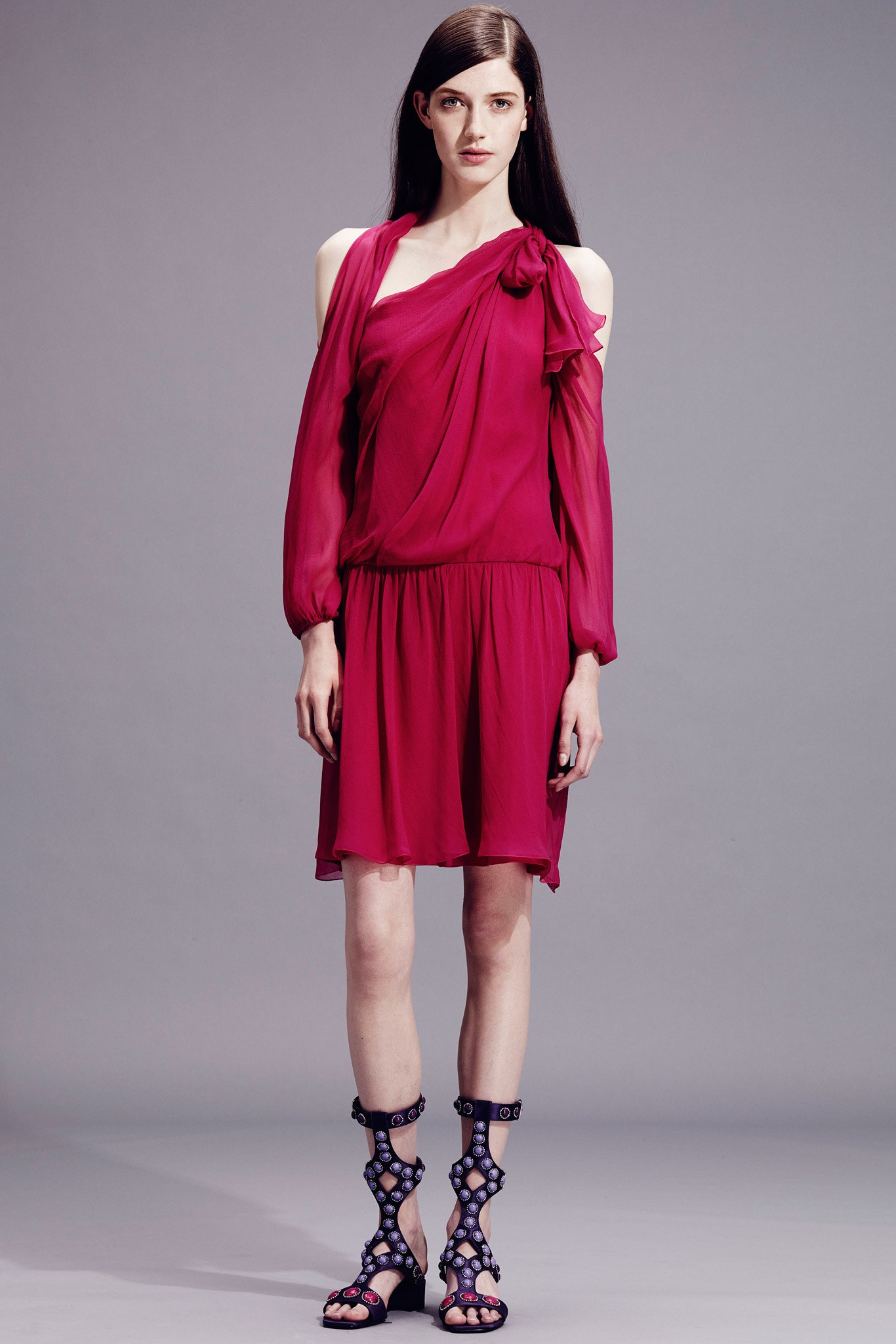 red chiffon off-shoulder dress