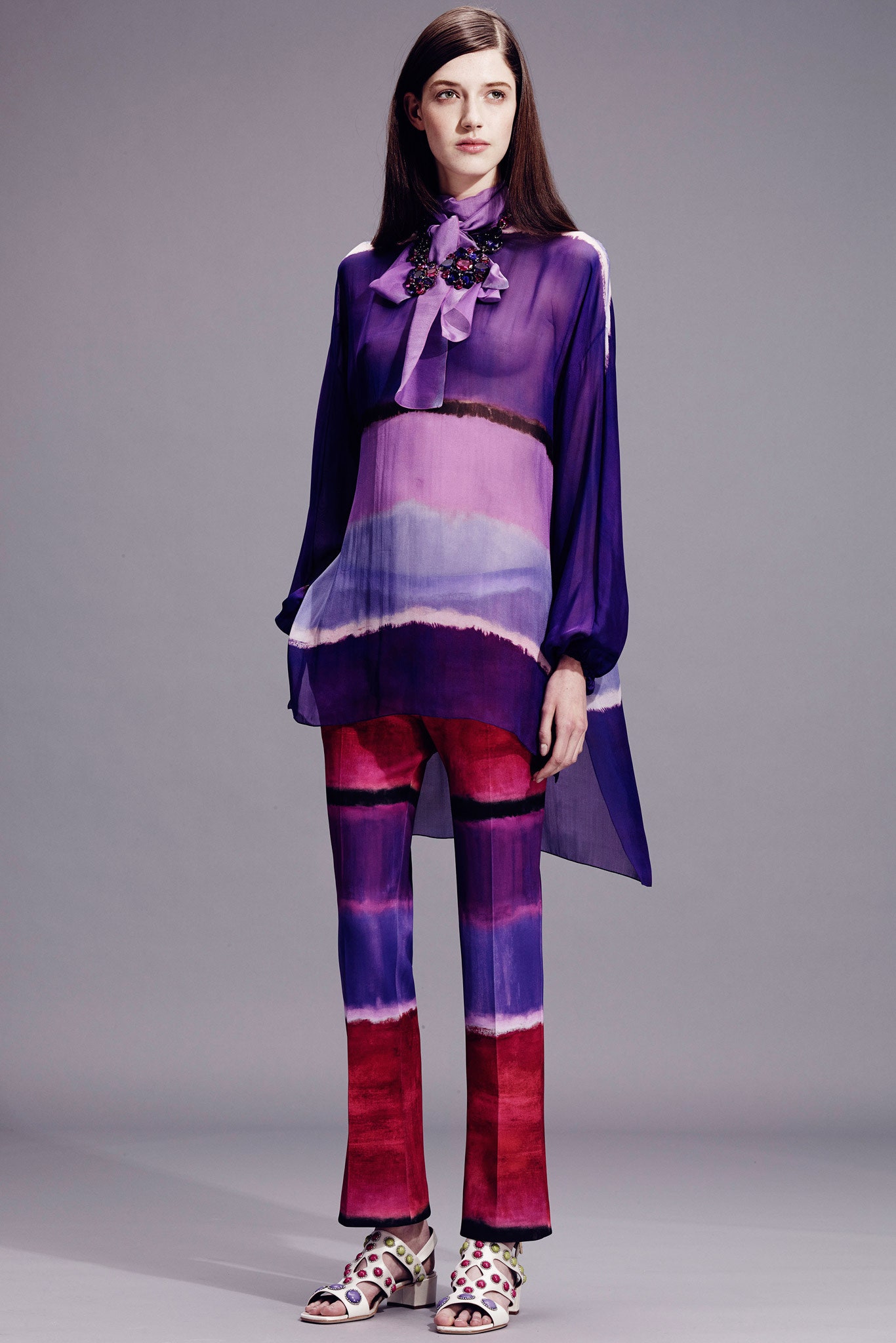 purple silk long-sleeve collared relaxed draped sheer blouse