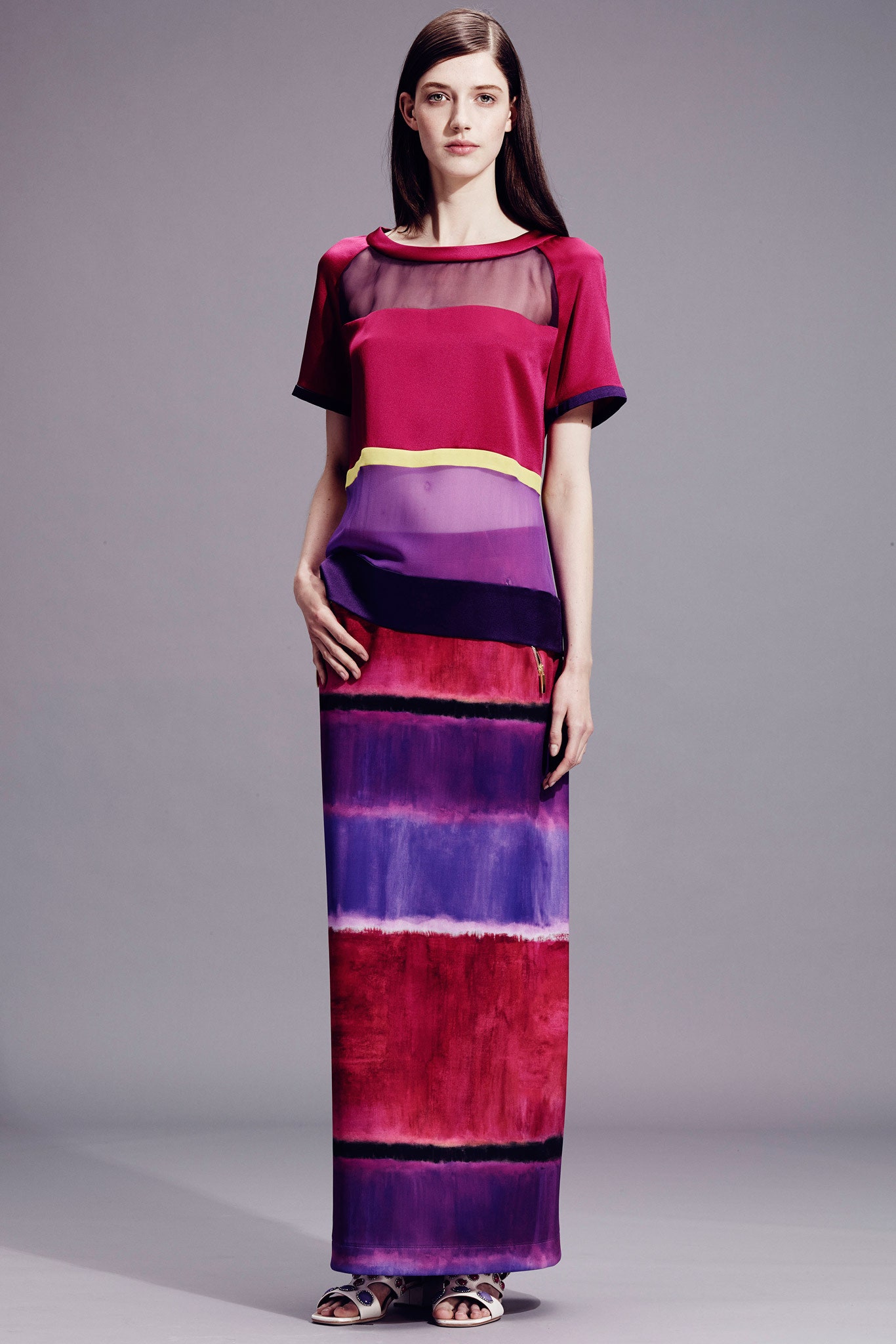 purple and red layered maxi dress
