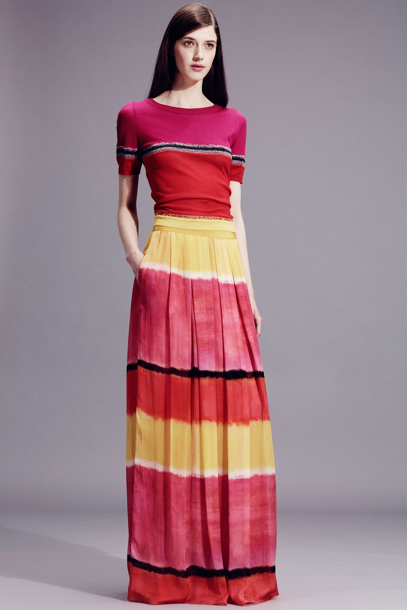 colorful fitted top and pleated maxi skirt