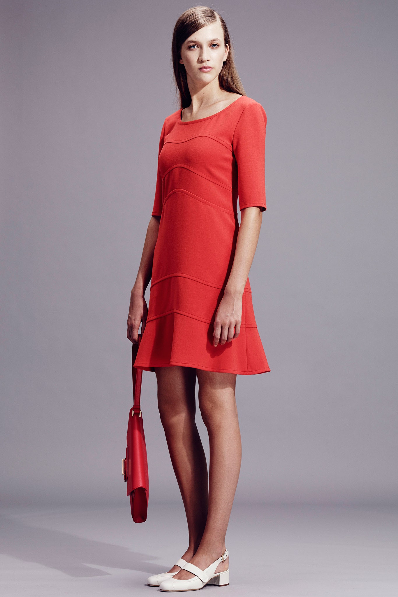 red cotton short-sleeve square-neck fitted flared mini dress