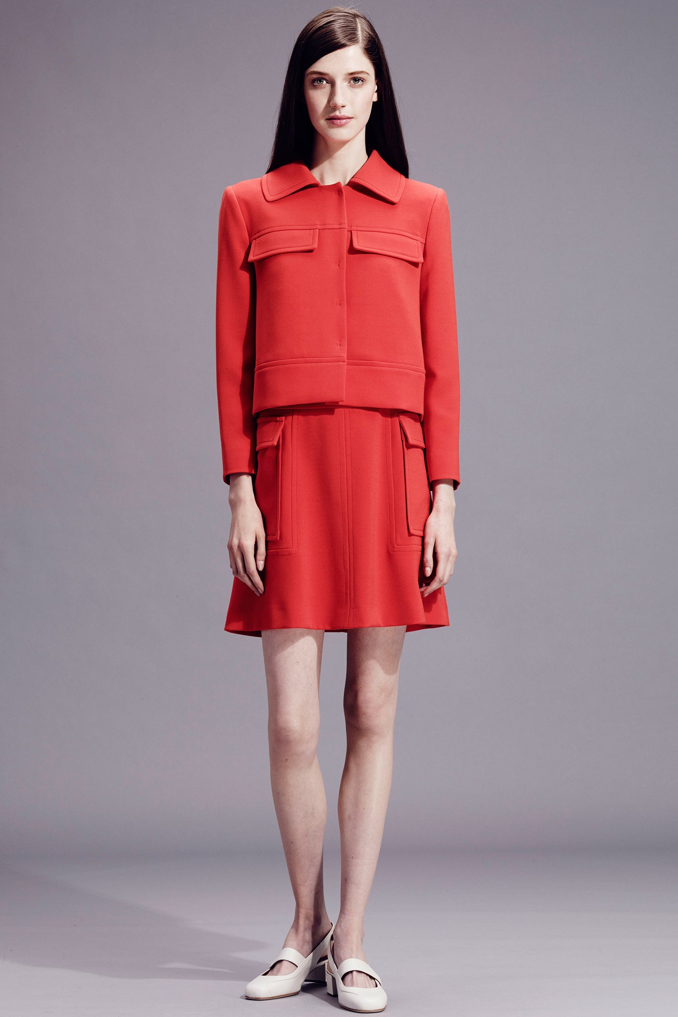 red fitted jacket and dress