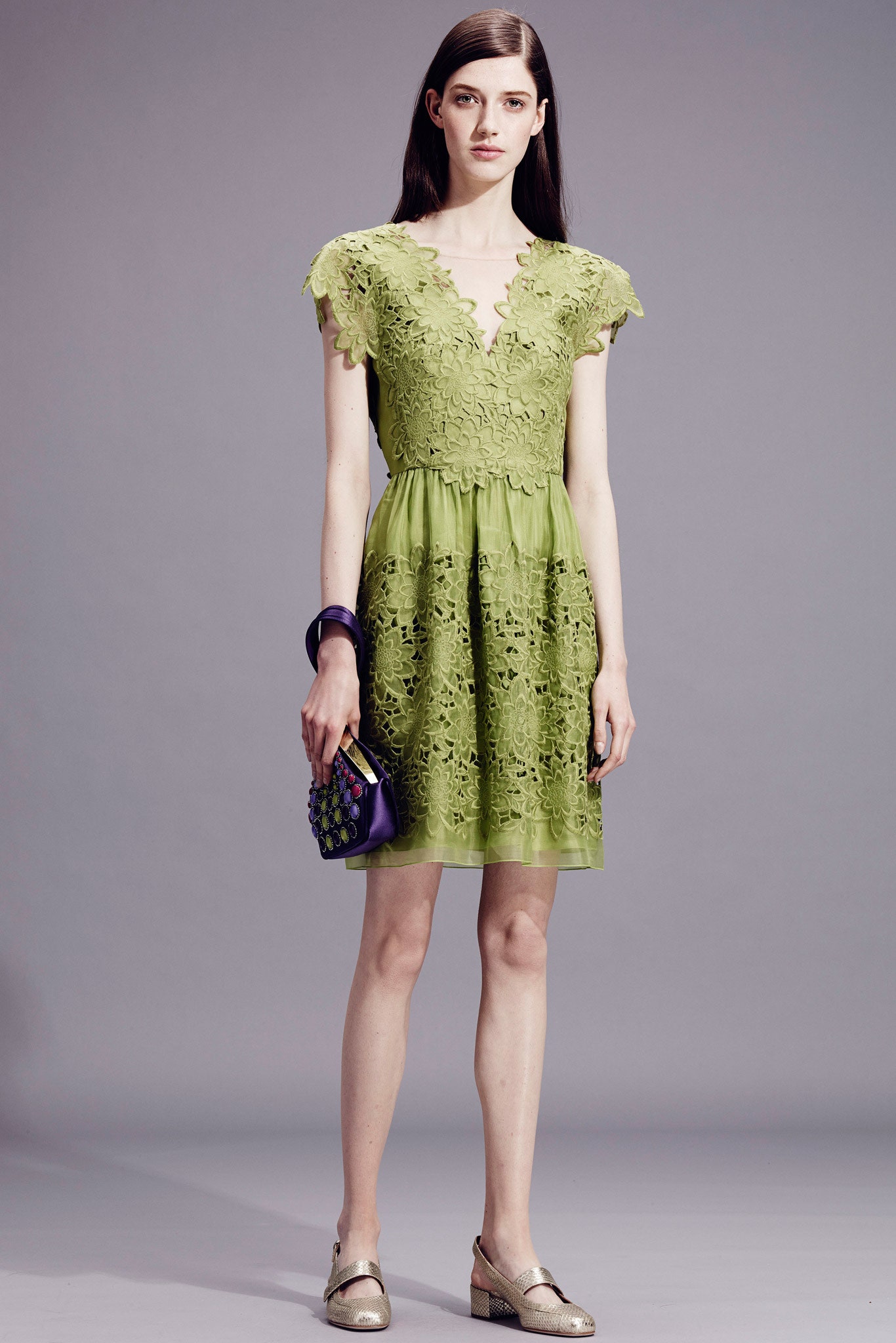 green lace short-sleeve v-neck fitted embroidered tiered dress