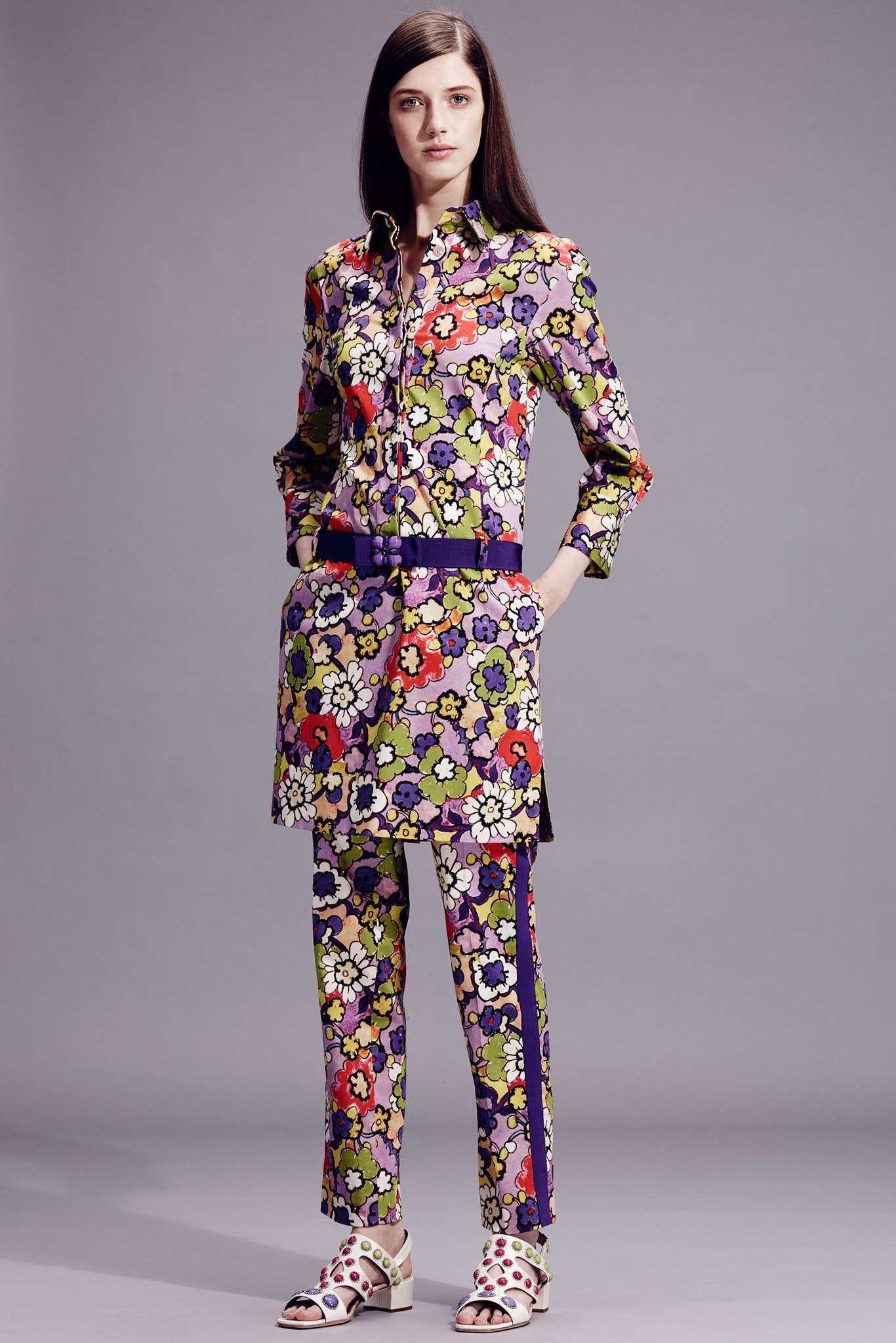 multi long-sleeve collared relaxed printed short shirt-dress